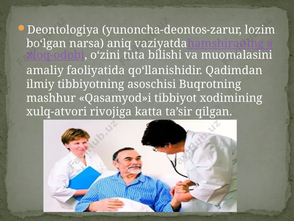larini umumlashgan holda bayon eta olmaslik; d) kasallik belgilaridan kuchli rahiy ta’sirlanish;e) davolash va diagnostika muolajalarini qo‘rquv bilan qabul qilish; f) kasallik davomida tarbiya va tabiatidagi o‘zgarishlarning (nuqsonlar- ning) kuchayishi. tibbiy hamshira bu guruh bemorlar bilan iliq munosabatda bo‘lishi, avvalambor bolalar bilan yaqindan aloqa o‘rnatishi, ularni kasalligidan chalg‘itishi, bolaning ota-onasi yoki qarindosh-urug‘lari bilan mutaxassis sifatida muloqotda bo‘lishi lozim. 2. o‘smir yoshidagi bemorlar a) kattalarga taqlid qilishlik; b) mardlik, shovvozlik; d) o‘z-o‘zini himoya qilish;e) kasallikka va lining kechishiga befarqlik; f) salomatligiga, xavfli omillarga ehtiyotsizlik bilan qarash. bu guruh bemorlar bilan ish olib borishda hamshira juda ehtiyot bo‘lishi, so‘zlariga, yuz imo-ishorasiga katta e’tibor berib, o‘smirlik yoshining nozik pallasi-balog‘atga yetish va uning o‘smirga xos ta’siri borligini ham yodda saqlashi lozim. 3. mehnat qobiliyatiga ega bemorlar a) bemorning shaxsiyati; b) o‘ziga xos (individual)xususiyatlari; d) kasalligining ijobiy yo‘nalishda borayotganini kuzatish; e) xodimlar faoliyatini, bajarilayotgan muolajalarning nechog‘lik to‘g‘riligini tushunish, kuzatish va xulosa chiqara olish. bu guruh …