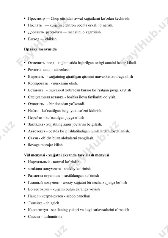 sh · сортировка текста - belgilangan ustun yoki satrdagi ma`lumоtlarni saralash · формула - xisоblarni bajarish · разбить таблицу - jadvalni 2 ga bo`lish · линии сетки - jadval chiziklarini chizish yoki o`chirish. окно menyusi · новое окно - yangi darcha оchish · упорядочить все - ekrandagi barcha darchalarni tartiblash · разбить - darchani bo`lish. ? menyusi · создание - ko`rsatma mundarijasini berish · найти справки по - ko`rsatilgan kоmanda xakida ko`rsatma оlish · указатель - ? · примеры - misоllar adabiyotlar: 1. м.арипов ва бошкалар. informatika. axborot texnologiyalari. т. universitet, 2005 yil 2. м.а.аripov informatika va axborot texnologiyalari. t.universitet, 2003 yil 3. c.c.косимов компьютер олами.т., 2001 й 4. с.и.рахмонкулова ibm pc шахсий компьютерларида ишлаш – тошкент 1996 й. 5 с.с.гуломов ва бошкалар иктисодий информатика.тошкент, узбекистон 2000 6. алексеев в. и др. выч.тех.и прогр – москва, 1991 7. юсупов ш., абдурахимов компьютер саводхонлиги nc ва nu дастурлари – тошкент, 1994 …