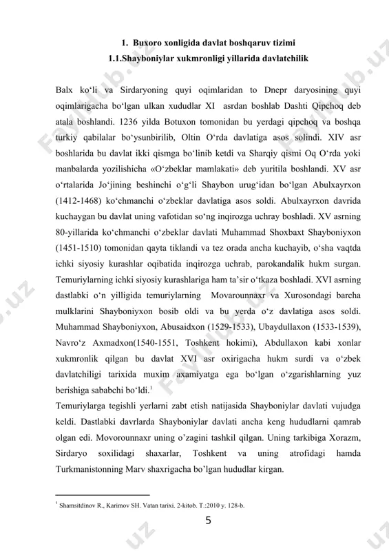 kazishda parvonachi javobgar edi. shuningdek, dargohda dodxox, ko’kaldosh, yasovul, eshikog’aboshi, shayxulislom kabi lavozimlar ham bo’lgan. shayboniy xonlari davlat hududidagi shaxar, tumanlarni o’z qarindosh – urug’lari o’rtasida taqsimlab, udel boshqaruv tizimini joriy qilganlar. udel bekliklari mustaqil siyosat yuritishga intilgan. shayboniyxon markaziy hokimiyatni kuchaytirishga intilgan markaziy hokimiyatning kuchayuvi o’zaro feodal urushlarning kamayishiga, ijtimoiy-iqtisodiy hayotning o’nglanishiga olib kelgan. mamlakat iktisodiyotini tartibga solish va savdoni jonlantirish maqsadida shayboniyxon pul isloxoti o’tkazdi. bu markaziy hokimiyatning siyosiy va iqtisodiy mavqeyini kuchaytirishga va maxalliy hokimlar rolining zaiflashuviga olib keldi. biroq bu jarayon uzoq davom etmadi. har bir mahalliy hokim mustaqil bo’lishni istardi va ular ham o’z pullarini zarb qilishdan manfaatdor edilar. davlat mustaqil bekliklarga bo’linib ketish yillarida bu tendentsiya kuchaydi va markaziy hokimiyatning zaiflashuviga olib keldi. shayboniylar davlati о‘z mohiyatiga kо‘ra yirik davlat bо‘lib, davlat tepasida cheklanmagan hokimyatga ega bо‘lgan xon о‘tirgan. xonlikning siyosiy tizimida va davlat boshqaruvida temur va temuriylar davrida qaror topgan tartib qoidalar, xususiyati …