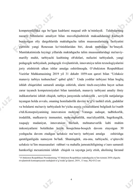 oslashgani, ikkinchidan, ixtisosligi bo’yicha kasbiy kompetentlik darajasi hal qiluvchi ahamiyatga ega. mazkur omillar sirasiga oliy ta’lim o’quv rejasidagi fanlar tegishli soha, yo’nalishlarga kadr tayyorlash uchun nechog’liq muvofiqligi, kundalik amaliy faoliyat uchun o’quv predmetlarining joriy etilganligi masalasi ham g‘oyat dolzarb sanaladi. shu nuqtayi nazardan otmlari maktabgacha ta’lim yo’nalishi o’quv rejasiga nazar tashlasak, bir qator muammolar mavjudligiga guvoh bo’lamiz. mamlakatimizda 2018-yildan maktabgacha ta’lim tashkilotlarida koreya tajribasiga asoslangan ilk qadam o’quv dasturi joriy qilina boshladi. yangi dasturga ko’ra tarbiyalanuvchilar bilan mashg’ulotlar mttlarda beshta faoliyat markazlarida olib boriladi. bu o’z-o’zidan amaliyot uchun kadr tayyorlayotgan otmlar o’quv jarayoni mazmuniga, shakliga o’zgartirishlar kiritishni taqazo qiladi. albatta, keying ikki yil ichida maktabgacha ta’lim yo’nalishi o’quv rejasiga muayyan yangiliklar kiritildi, lekin bu amaliyot ehtiyojini qondirish uchun yetarli deb bo’lmaydi. fikrni asoslash uchun maktabgacha ta’lim tashkilotlaridagi besh faoliyat markazlari va ularga muvofiq keladigan oliy ta’lim muassasalari o’quv rejasidagi fanlarni qiyosiy o’rganamiz. bunda asosan bo’lajak tarbiyachilarni amaliy faoliyatga tayyorlaydigan metodikaga …