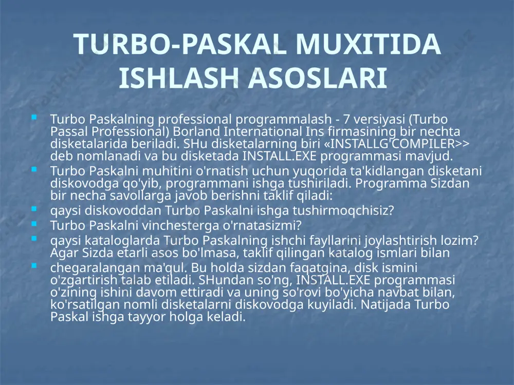 shqari, d: \tp \ bgi katalogida paskalning grafik rejim ishini ta'minlovchi fayllar mavjud: graph.tpu - turbo paskalning barcha grafik dasturlarini ishlashi uchun zarur bo'lgan modul; bgi kengaytmali bir nechta fayl-videosistemalarning turli tiplari bilan ishlashni ta'minlovchi drayverlar; chr kengaytmali bir nechta fayl - vektorli shriftlarni o'z ichiga oluvchi fayllar. turbo-paskal muhitida ishlash turbo-paskal muhitida ishlash bugungi kunda kasb-xunar kollejlarida va oliy ta'lim muassasalarida turbo paskalning 5-7 versiyalari keng tarqalganligini va undan foydalanish qulayligini hisobga olingan xolda, quyida turbo paskalning shu versiyalari uchun umumiy bo'lgan tomonlarini ko'ramiz. turbo paskal muhiti turbo.exe faylidan ishga yuklanib, uning asosiy vazifasi paskal tilidagi programmani taxrirlash va mashina kodiga o'tkazishdan iboratdir. turbo paskal muhitini yuklash natijasida bosh menyu hosil bo'lib, uni aktivlashtirish uchun, f10 tugmachasidan foydalaniladi. bosh menyu quyidagi bo'limlarni o'z ichiga oladi: quyida bosh menyuning mos ostki menyulariga qisqacha ta'riflar berilgan: files bo'limi: load (f3) pisk (alt + f3) new save (f2) write to change dir …