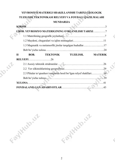 yevrosiyo materigi shakillanishi tarixi geologik tuzilishi tektonikasi relyefi va foydali qazilmalari — DOCX