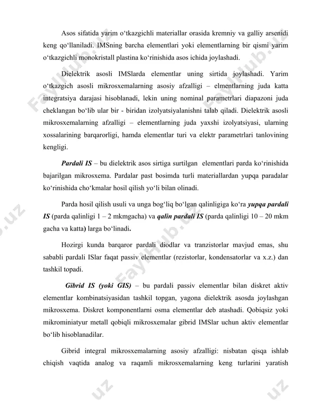 blar, diodli va tranzistorli matrisalar va yuqori yaroqli mikrosxemalar chiqishi. tranzistorning ishlatilish turiga ko‘ra yarim o‘tkazgichli imslarni bipolyar va mdya ims larga ajratish qabul qilingan. bundan tashqari, oxirgi vaqtlarda boshqariluvchi o‘tishli maydoniy tranzistorlar yasalgan imslardan foydalanish katta ahamiyat kasb etmoqda. bu sinfga galliy arsenidida yasalgan imslar, zatvori shottki diodi ko‘rinishida bajarilgan maydoniy tranzistorlar kiradi. hozirgi kunda bir vaqtning o‘zida ham bipolyar, ham maydoniy tranzistorlar qo‘llanilgan imslar yaratish tendensiyasi belgilanmoqda. ikkala sinfga mansub yarim o‘tkazgichli islar texnologiyasi yarim o‘tkazgich kristallini galma – gal donor va akseptor kiritmalar bilan legirlash (kiritish)ga asoslangan. natijada sirt ostida turli o‘tkazuvchanlikka ega bo‘lgan yupqa qatlamlar, ya’ni n–p–n yoki p–n–p tuzilmali tranzistorlar hosil bo‘ladi. bir tranzistorning o‘lchamlari enigi bir necha mikrometrlarni tashkil etadi. alohida elementlarning izolyatsiyasi yoki p-n o‘tish yordamida, yoki dielektrik parda yordamida amalga oshirilishi mumkin. tranzistorli tuzilma faqat tranzistorlarni emas, balki boshqa elementlar (diodlar, rezistorlar, kondensatorlar) yasashda ham qo‘llaniladi. mikroelektronikada bipolyar tranzistorlardan tashqari ko‘p emitterli …