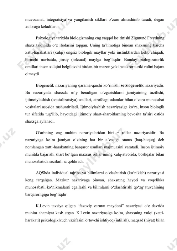 rurat maydoni” nazariyasi o‘z davrida muhim ahamiyat kasb etgan. k.levin nazariyasiga ko‘ra, shaxsning xulqi (xatti-harakati) psixologik kuch vazifasini o‘tovchi ishtiyoq (intilish), maqsad (niyat) bilan boshqarilib turadi, bu kuchlar fazoviy zarurat maydonining ko‘lamida tayanch nuqtasiga yo‘nalgan bo‘ladilar. yuqorida ifodalangan har bir nazariya shaxsning ijtimoiy xulqini o‘zgalar uchun yopiq yoki maxfiy muhitning xususiyatlaridan kelib chiqqan holda tushuntiradi, bunda u odam xohishi yoki xohlamasligidan qat’i nazar, mazkur sharoitga moslashmog‘i (ko‘nikmog‘i) zarur, degan qoidaga amal qiladi. bizningcha, barcha nazariyalarda inson hayotining ijtimoiy-tarixiy, ob’ektiv shart-sharoitlari mutlaqo e’tiborga olinmagan. psixologiyada psixogenetik yondashish ham mavjud bo‘lib, u biogenetik va sotsiogenetik omillarning qiymatini kamsitmaydi, balki psixik jarayonlarning rivojlanishini birinchi darajali ahamiyatga ega deb hisoblaydi. mazkur yondashishni uchta mustaqil yo‘nalishga ajratib tahlil qilish mumkin va bu yo‘nalishlar o‘z mohiyati, kechishi va mahsuli jihatidan keskin farqlanadi. psixikaning irratsional (aqliy bilish jarayonlaridan boshqa) tarkibiy qismlari: emotsiya, mayl yordamida shaxsning xulqini tahlil qiluvchi nazariya psixodinamika, deyiladi. bu nazariyaning yirik namoyandalaridan biri amerikalik …