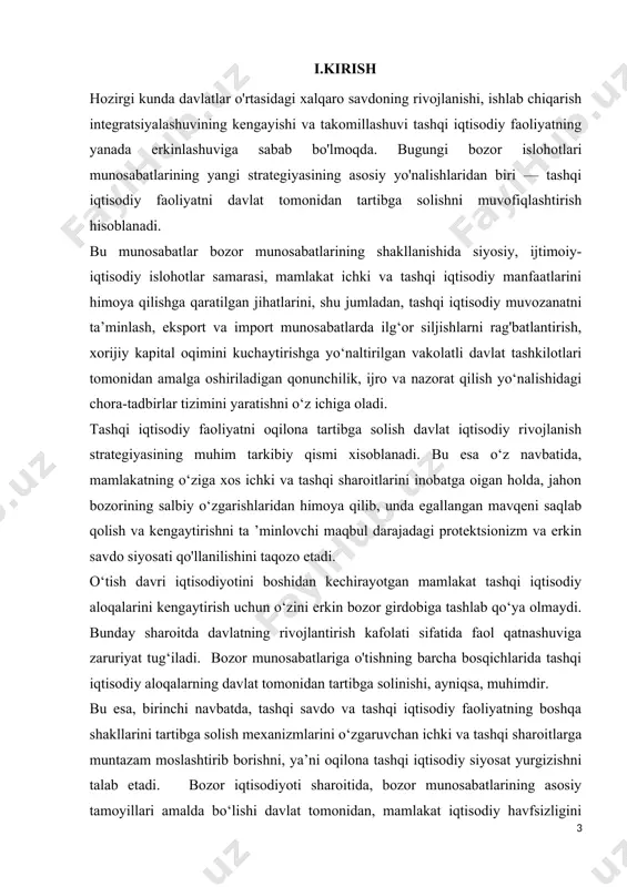 soliq va bojxna tomonidan tartibga solinishni o’rganish. kurs ishi ob’ekti va predmeti: iqtisodiyonig globalashuvi,tashqi savdo, import eksport, oliq va bojxona organlarinig o’rni. kurs ishi maqsadi: o’zbeisonning halqaro savdo maydonidagi o’rni, jaxon bazoridagi tovar va takliflar shuningdek xizmat turlariga bo’lgan talablarni korb chiqish. 1.1. tashqi savdo siyosatining mohiyati tashqi savdo bu — bir mamlakatning boshqa mamlakat yoki mamlakatlar bilan olib boradigan savdosi. mamlakatdan tovarlar chikarish (eksport) va mamlakatga tovarlar kiritish importdan tashkil topadi. eksport va import yigʻindisi mamlakatning tashqi savdo aylanmasini tashkil etadi. bundan anglash mumkinki, tashqi savdo siyosati mamlakatning boshqa mamlakatlar bilan olib boradigan savdo munosabatlarini muvofiqlashtirishga qaratilgan choratadbirlar majmuasi bo'lib, milliy iqtisodiyot ehtiyojlari uchun zarur bo'lgan mahsulotlami oqilona import siyosati hisobiga to'ldirish hamda milliy iqtisodiyotda ortiqcha bo'lgan mahsulotlarni eksport qilish hisobiga mamlakatning jahon bozoridagi o'rnini mustahkamlash vazifasini hal etadi.ushbu siyosatni yuritish orqali tashqi savdo hajmlari soliqlar, subsidiyalar, import yoki ekspoftni to'g'ridan-to'g'ri cheklashlar kabi vositalar yordamida tartibga solinadi. tartibga solish …