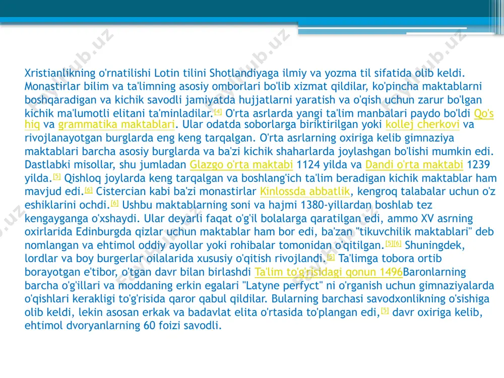 amlar bo'lish maqsadi bilan ziyoli fuqarolarga ega bo'lish istagi bilan o'rtoqlashdi. 1560 yilda birinchi intizom kitobi har bir cherkovda maktab uchun reja tuzdi, ammo bu moliyaviy jihatdan imkonsiz edi.[10] burglarda eski maktablar saqlanib qoldi, qo'shiq maktablari va bir qator yangi poydevorlar isloh qilingan gimnaziya yoki oddiy cherkov maktablariga aylandi. maktablarga kirk mablag'lari va mahalliy mablag'lar qo'shildi merosxo'rlar yoki to'lashga qodir bo'lgan burg kengashlari va ota-onalar. ular kirk sessiyalari tomonidan tekshirilib, o'qitish sifati va doktrinalarning pokligi tekshirildi. shuningdek, ko'plab tartibga solinmaganlar bor edi goh mahalliy ehtiyojlarni qondiradigan, goh o'quvchilarni rasmiy maktablardan chetlashtiradigan "sarguzasht maktablari". o'rnatilgan burg maktablaridan tashqarida, ustalar ko'pincha o'z lavozimlarini boshqa ish bilan, xususan kotib kabi kichik lavozimlar bilan birlashtirdilar.[11] eng yaxshi tarzda, o'quv dasturi kiritilgan katexizm, lotin, frantsuzcha, klassik adabiyot va sport.[12] 1616 yilda an maxfiy kengashda harakat qilish har bir cherkovga "qulay imkoniyatlar mavjud bo'lgan joyda" maktab tashkil qilishni buyurdi va qachon bo'lsa shotlandiya parlamenti buni bilan …