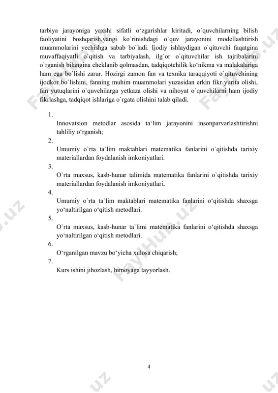 rni ham ijodiy fikrlashga, tadqiqot ishlariga o`rgata olishini talab qiladi. 1. innovatsion metodlar asosida ta‘lim jarayonini insonparvarlashtirishni tahliliy o‘rganish; 1. umumiy o`rta ta`lim maktablari matematika fanlarini o`qitishda tarixiy materiallardan foydalanish imkoniyatlari. 1. o`rta maxsus, kasb-hunar talimida matematika fanlarini o`qitishda tarixiy materiallardan foydalanish imkoniyatlari. 1. umumiy o`rta ta`lim maktablari matematika fanlarini o‘qitishda shaxsga yo‘naltirilgan o‘qitish metodlari. 1. o`rta maxsus, kasb-hunar ta`limi matematika fanlarini o‘qitishda shaxsga yo‘naltirilgan o‘qitish metodlari. 1. o‘rganilgan mavzu bo‘yicha xulosa chiqarish; 1. kurs ishini jihozlash, himoyaga tayyorlash. i bob. pedagogika nazariyasida ta’limni insonparvarlashtirish muammolari 1.1 tarixiy malu’motlar asosida ta’limni insonparvarlashtirish matematika ta‘limini insonparvarlikka yo‗naltirish - bu zamonaviy ta‘lim tizimining voqeligidir. matematika ta‘limini insonparvarlikka yo‗naltirish, ta‘limning bu sohasini isloh qilishning asosiy tamoyillardan biri bo‗lib, matematika o‗qitish nazariyasi va metodikasida dolzarb muammolaridan biri sanaladi. matematikadan ta‘lim jarayoniga insonparvarlik nuqtai nazaridan yondoshish doimo shaxs istiqbolini belgilashda muhim ahamiyatga ega. bu sohada gumanitar fanlarning imkoniyatlari cheksiz, chunki o‗quv predmetlarining mazmuni insonparvarlik g‗oyalari …