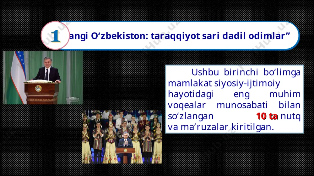 asrlik do’stlik an’analariga asoslangan hamkorlik” “o’zbekiston va belarus munosabatlari tarixda yangi sahifa” “o’zbekiston-rossiya munosabatlarining yangi bosqichi” ikkinchi bo‘limi: “do‘stona amaliy hamkorlik barqaror rivojlanish kafolatidir” deb nomlangan. tojikiston pespublikasi prezidenti imomali rahmonning mamlakatimizga tashrifi (2018-yil, 17-18-avgust) bilan bog‘liq bayonot va nutqlardan boshlanadi. “xalqlarimizning buguni va kelajak taqdiri mushtarak” nutqda keltirib o‘tilganidek, bugungi kunda o‘zbekiston zaminida 1,5 millionga yaqin tojik millatiga mansub yurtdoshlarimiz yashab kelmoqda. 245 ta maktabda darslar tojik tilida olib borilmoqda. 4 ta davriy nashr va o‘nlab teleko‘rsatuv hamda radio eshittirishlar efirga ketmoqda. tashrif davomida ikki davlat o‘rtasida strategik sheriklik to‘g‘risida shartnoma imzolangani asarda ta’kidlangan. to‘plamga kiritilgan ostona shahrida bo‘lib o‘tgan islom hamkorlik tashkilotining fan va texnologiyalar bo‘yicha birinchi sammitidagi “ilmiy-ma’rifiy hamkorlikni kuchaytirish-davr talabi” nomli nutqida qimmatli fikrlarini hamda taklif va tashabbuslarni ilgari suradi. jumladan, fundamental fan sohalarini rivojlantirish, samarqand shahrida zamonaviy teleskop o‘rnatish, orolbo‘yi mintaqasidagi xavfni kamaytirish, ilm-fan va ishlab chiqarish o‘rtasidagi integratsiyalashgan hamkorlikni yo‘lga qo’yish, musulmon olami yosh …