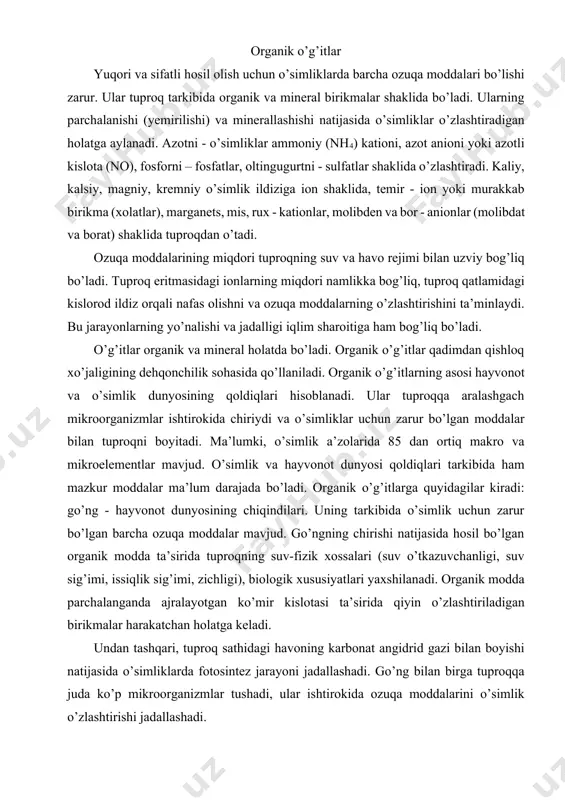 ri (suv o’tkazuvchanligi, suv sig’imi, issiqlik sig’imi, zichligi), biologik xususiyatlari yaxshilanadi. organik modda parchalanganda ajralayotgan ko’mir kislotasi ta’sirida qiyin o’zlashtiriladigan birikmalar harakatchan holatga keladi. undan tashqari, tuproq sathidagi havoning karbonat angidrid gazi bilan boyishi natijasida o’simliklarda fotosintez jarayoni jadallashadi. go’ng bilan birga tuproqqa juda ko’p mikroorganizmlar tushadi, ular ishtirokida ozuqa moddalarini o’simlik o’zlashtirishi jadallashadi. go’ngning yig’ilishi, miqdori va sifati (tarkibi) mollar parvarishiga, berilayotgan yem-xashakning sifati va tarkibiga, mollarning turi va yoshiga bog’liq bo’ladi. yirik shoxli moldan bir kunda 20-30 kg, otdan 15-20 kg, qo’ydan 1,5-2,5 kg go’ng yig’iladi. molxonalarda yig’ilgan go’ng tuproqqa solishdan oldin maxsus joylarda ma’lum muddatda saqlanishi lozim. shunday qilinsa go’ng tarkibidagi organik modda parchalanadi, yuqumli kasallik tarqatuvchi mikroblar o’ladi, begona o’tlar urug’ining unish darajasi keskin pasayadi. ma’lumotlarga qaraganda, har gektar dalaga solingan go’ng almashlab ekish tarkibidagi o’simliklar hosildorligini don hisobiga 1 sentnerga oshiradi. 1 gektar yerga solinadigan go’ng miqdori 20-30 tonna bo’lib, kuzgi shudgor oldidan maxsus moslamalar …