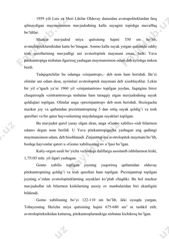 nisbatan kichikroq bo’lgan. yuqori va quyi jag’lari avstrolopiteklarnikidan kichikroq, pitekantrop va hozirgi zamon odamnikiga ancha yaqin bo’lgan. uning barmoq va bo’g’inlari odamnikiga juda o’xshab ketgan va tosh qurollar yasash qobiliyatiga ega bo’lganki, buni olduvayning qatlamlaridan topilgan tosh qurollar tasdiqlaydi. shunday qilib gomo xabilis avtsrolopitek maymunlari bilan pitekantrop oralig’idagi mavjudod bo’lib, eng qadimgi odam edi. gomo xabilis faqatgina olduvay darasidagina bo’lib qolmay, ancha keng tarqalgan edi. 1961 yili chad respublikasining njamen degan joyidan 600 km shimoliy-sharqiy erdan chadantrop kalla suyagining parchasi topilgan bo’lib, 1 million yil qadimiylikka ega. chadantropning jismoniy tuzilishida avstrolopitekning ham olduvay pitekantropining ham belgilari mavjud. bu xol uni gomo xabilisga qo’shish imkoniyatini beradi. chadantronp suyagi bilan birga hech qanday tosh qurol topilgan bo’lmasa ham, mazkur joydan qadimgi olduvay davriga oid tosh qurollar uchraydi. olduvay darasida ajoyib kashfiyotlar 60 yillarning oxiri va 70 yillarda keniyada va efiopiyada turkona ko’li qirg’oqlarida ham arxeologik qidiruv va qazish ishlarini keng ko’lamda olib …