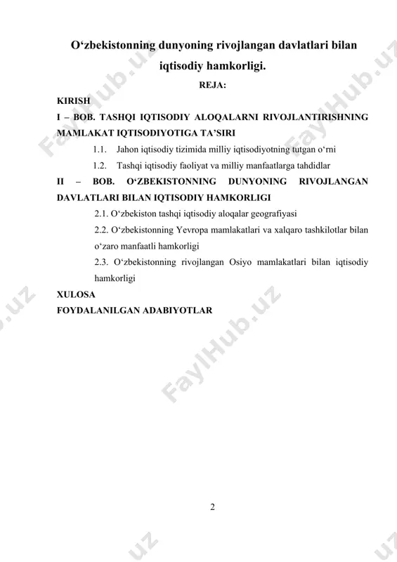 hkam o’rin egallash, eksport hajmini oshirishga qaratilgan islohotlar amalga oshirilmoqda. hozirgi davrda mamlakatimizning tashqi iqtisodiy faoliyatidagi asosiy strategiyasi import o’rnini bosuvchi ishlab chiqarishni tashkil qilish bilan birga eksportga yo’naltirilgan mahsulot ishlab chiqarishni rivojlantirish va o’zining jahon bozoridagi raqobatbardoshligini kuchaytirishdan iborat. o’zbekiston respublikasini yanada rivojlantirish bo’yicha harakatlar strategiyasida “eksport faoliyatini liberallashtirish va soddalashtirish, eksport tarkibini va geografiyasini diversifikatsiya qilish, iqtisodiyot tarmoqlari va hududlarning eksport salohiyatini kengaytirish va safarbar etish” alohida ustuvor vazifalar sifatida belgilab berilgan. mazkur vazifalarning samarali bajaralishi mamlakatimizdagi ishbilarmonlik muhitining yanada yaxshilanishini, korxonalar ishlab chiqarishiga xorijdan zamonaviy texnikatexnologiyalarni jalb etishni faollashtirishni taqozo etadi, bu esa o’z navbatida mahsulotlar eksportini ko’payishiga, umuman olganda eksport salohiyatini oshirishga qaratilgan chora-tadbirlarni faol tarzda amaliyotga joriy etishga bo’lgan talabni kuchaytiradi. o’zbekiston respublikasining jahon xo’jaligiga integratsiyalashuvida uning hududiy va global darajadagi raqobatbardoshligi bo’yicha qiyosiy ustunligi, tashqi iqtisodiy siyosatni ishlab chiqish va uni amalga oshirish bilan ko’p jihatdan bog’liq. amalga oshirilayotgan tarkibiy islohotlar bo’yicha qizg’in munozaralarning …