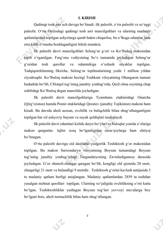 ning eng mashhurlari tosson va georgiy bugor makonlari sanaladi. shuningdek, janubiy qirg‘izistondagi isfara daryosi vodiysidagi xo‘jag‘ayr degan joydan ham o‘rta tosh asri madaniyatiga mansub manzilgoh topilgan. janubiy qozog‘iston erlaridan ham ilk tosh asriga oid makonlar bilan birga o‘rta tosh asri yodgorliklari ham topib o‘rganilgan. ularga qorasuv, sari arka, takali, shabakti va boshqa manzilgohlarni kiritish mumkin. o‘rta paleolit davriga kelib qadimgi odamlar o‘rta osiyoning keng hududlariga tarqala boshlaydilar. bu davda odamlarning turmush tarzida va mehnat qurollarida yangi unsurlar paydo bo‘ladi. qurollarning turlari ko‘payadi. bu davrning ijtimoiy hayotdagi eng muhim xususiyati shundaki, bu davrda ibtidoiy to‘dadan urug‘chilik jamoasiga o‘tila boshlandi. hozirgi zamon odamlariga o‘xshash odamlar paydo bo‘lishi uchun zamin hozirlandi. o‘rta paleolit davri o‘rta osiyo hududlarida tabiiy iqlim o‘ziga xos bo‘lib, yozda ob-havo iliq va quruq, qishda esa sovuq va namgarchilik bo‘lgan. bu davrning o‘rtalari va oxirlariga kelib shimoldan ulkan muzlikning siljib kelishi natijasida iqlim tamoman o‘zgaradi. natijada qadimgi odamlar turmush tarzida …