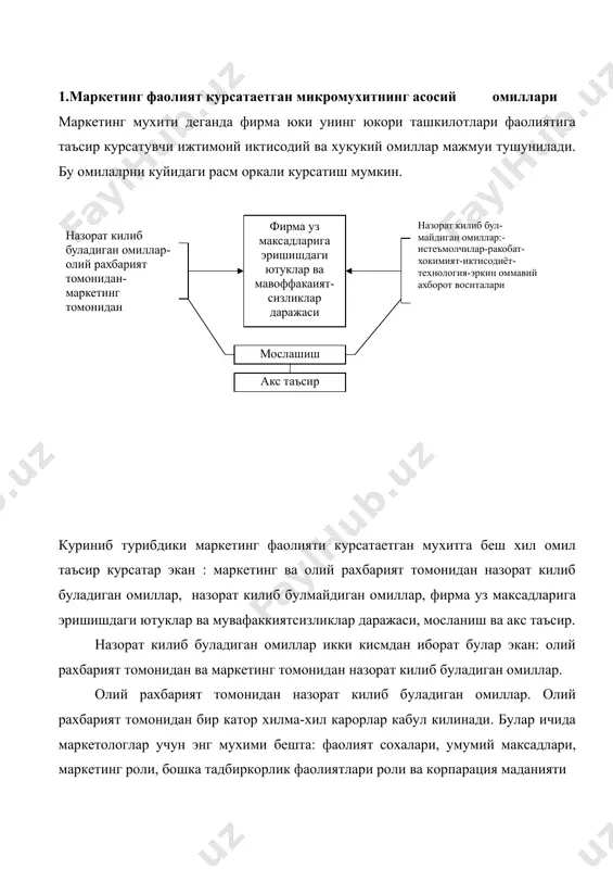 ар. бу максадли бозорни танлаш, маркетингни ташкил этиш, маркетинг тузилмаси ва бошкариш каби маркетинг элеметидир. буларни куйидаги расм оркали ифдалаш мумкин. 2. назорат килиб буладиган асосий омиллари. маркетинг ваолий рахбарият томонидан назорат килиббулмайдиган омиллар-бу корхона фаолиятига бевосита ва билвосита таъсир этувчикорхона ва унинг маркетинг хизмати булими томонидан бошкариб булмайдиган элементларидир. бунда ишни эътиборга олиш кераклик хаттоки энг яхши тузилган режалар хам бу омиллар таъсирида барбод булиши мумкин. бу омилларни куйдаги расм оркали ифодалаш мумкин. истеъмолчилар маркетинг хизмати булими максадли бозорни танласа хам унинг характеристикаларини назорат кила олмайди. истеъмолчилар еши даромади, оилавий ахволи, ижтимоий келиб чикиши, ирки, дини ва бошкаларни кузда тутиши мумкин лекин уни бошкара олмайди. мисол болалар учун кийим – кечак тикувчи корхона уларга мос кийимларни янги турларини тикилишини йулга куйиши мумкин лекин уларни тугилишини камайтиришни еки купайтиришни иложини кила олмайди. ракобат. хар бир фирманинг бозордаги ракиби албатта унинг маркетинг стратегияси ва унинг бозордаги эришаетган ютукларига таъсир этишга харкат …