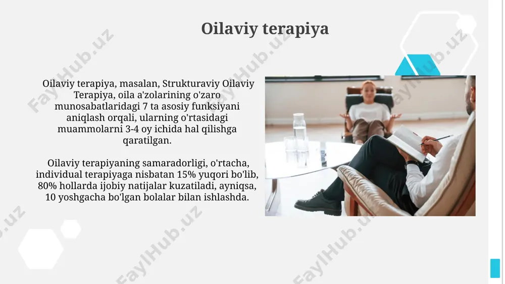 atlarni o'rganishga asoslangan guruh terapiyasi hisoblanadi. psihodrammada ishtirokchilar o'zlarining hayotiy muammolarini sahnalashtiradilar va boshqa ishtirokchilar bilan birgalikda turli rollarni o'ynab, muammolarni hal qilish yo'llarini izlashadi, bu esa 3-5 kishidan iborat guruhlarda amalga oshiriladi. kognitiv-xulq terapiyasi kktning asosiy tamoyillaridan biri, insonning fikrlari, his-tuyg'ulari va xatti-harakatlari o'zaro bog'liq ekanligi va salbiy fikrlar salbiy his-tuyg'ular va xatti-harakatlarga olib kelishi haqidagi 3-pog'onali modelga asoslanadi. o'zbekistonda kkt usullaridan foydalanib, 20 dan ortiq psixologlar 5000 dan ziyod bemorlarga ruhiy salomatlik muammolarini yengishga yordam bergan. ekzistensial terapiya ushbu terapiya shaxsiy mas'uliyatni 3 bosqichda rivojlantirishga yordam beradi: tan olish, qabul qilish va qaror qabul qilish, shuningdek, individualning noyob dunyoqarashini shakllantirishga qaratilgan. ekzistensial terapiyaning samaradorligi, 20 dan ortiq ilmiy tadqiqotlar natijalariga ko'ra, depressiya va tashvish buzilishlarini davolashda evropa va osiyo mamlakatlarida isbotlangan. e'tiboringiz uchun rahmat @taqdimot_robot image1.jpg image2.jpg image3.jpg image4.jpg image5.jpg image6.jpg image7.jpg image8.jpg image9.jpg image10.jpg image11.jpg image12.jpg