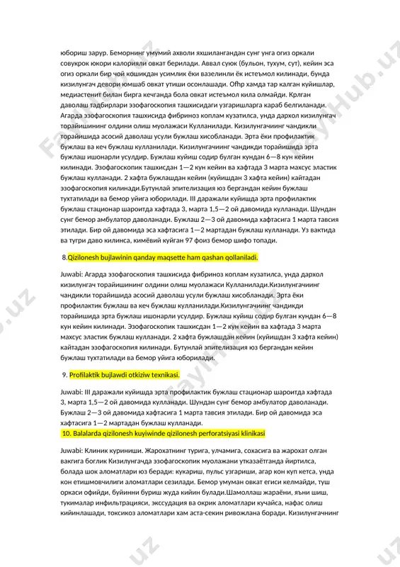 и ва шиши кузатилади, шиллик пардада фибриноз парда хосил булмайди. 6.qizilonesh kuyiwi ii ha’m iii da’rejesinin endoskopik korinisi. juwabi: ii—iii даражали куйишларда эса эзофагоскопик сурат бир хил, яъни фибринозли коплам юз беради. бу шуни курсатадики, профилактик даво кизилунгач торайиши юз бермаслигига каратилиши зарур. бу гурух болаларни куйишнинг 3 хафтасида албатта кайта эзофагоскопия килиш зарур. ii даражали куйишда бу вактга келиб кизилунгачиинг куйган юзасида чандик колади. iii даражали куйишда эса куйган юзада, фибринли ва яллигланиш аломатлари билан бирга вакуоллашган яллигланиш катлами кайд килинади. куйишнинг уткир даврида контраст модда юбориб, рентгенда текшириш шарт эмас. чунки бу усул унча ёрдам килмайди. бундай текширувни яранинг чандикланиш даврида утказган маъкул. шунда хасталик руй-рост (торайиш, чандик хосил булиши) ифодаланиши мумкин. 7. qizilonesh kuyiwin emlew. juwabi: давоси. кизилунгачи кимёвий куйган бола беморни зудлик билан касалхонага олиб бориш зарур. уткир холатида шокдан чикариб олиш, махаллий ва умумий захарланиш аломатларининг олдини олиш учун шошилинч дезинтоксикацион даволаш муолажаларини куллаш керак. …