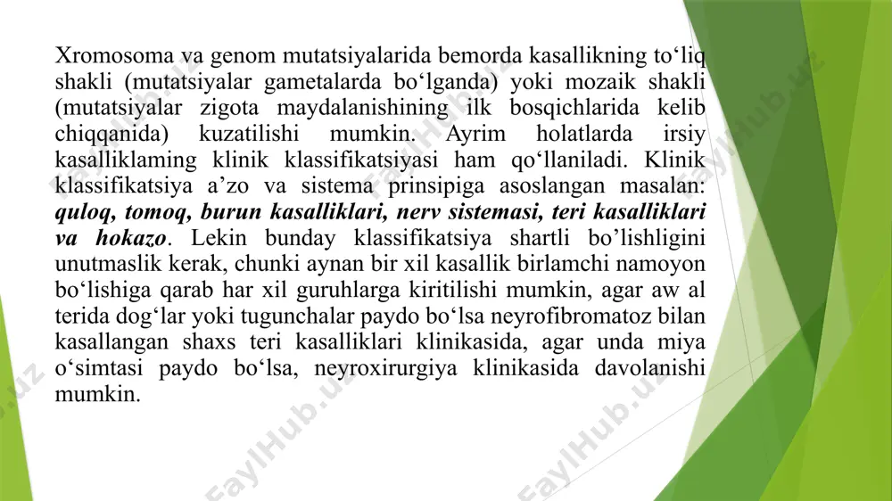 gan o‘g‘il bolalar uzoq yashamasdan hayotining dastlabki oylaridayoq vafot etadi. qiz bolalar esa 2-3 yoshgacha yashashlari mumkin. tug‘ilgan 4500 chaqaloqlarning bittasida shu kasallik belgilari uchraydi. kasallarning 70% bir oygacha, yana 7% bir yoshgacha yashaydi. bemor bolalarning atigi 1% o ‘n yoshgacha yashashi mumkin. trisomiya - e sindromida bola kichik vaznda, chala tug‘iladi. kasallikning asosiy belgilari: bosh suyagi o‘zgargan, yassi peshona, ko‘z kosalari kichkina va bir-biridan normadan ko‘- ra uzoqroqda, daxani ingichka, jagiari va og‘iz bo‘shlig‘i kichkina, tanglayi baland, quloqlari juda pastda joylashgan, barmoqlari changak holda bo‘ladi bunday bolalarning ovozi chiqmaydi, ko‘z olmalari noto‘g‘ri harakat qiladi. yurak va ichki organlarida chalalik alomatlari bo‘ladi. nerv sistemasi rivojlanmaydi. edvards sindromi - hayot uchun muhim organlarda bir talay kamchiliklar bo‘lishi bilan ifodalanadi (bosh miya katta yarim sharlari po‘stlog‘ining hujayralari o‘zgarib qoladi, qizil yadro miyacha hujayralari atrofiyaga uchraydi; yurak, o‘pka, buyraklarda nuqsonlar bo ‘ladi). bunday chaqaloqlar ko‘pincha 6 oydan ko‘p yashamaydi. davosi simptomatikdir. trisomiya - …