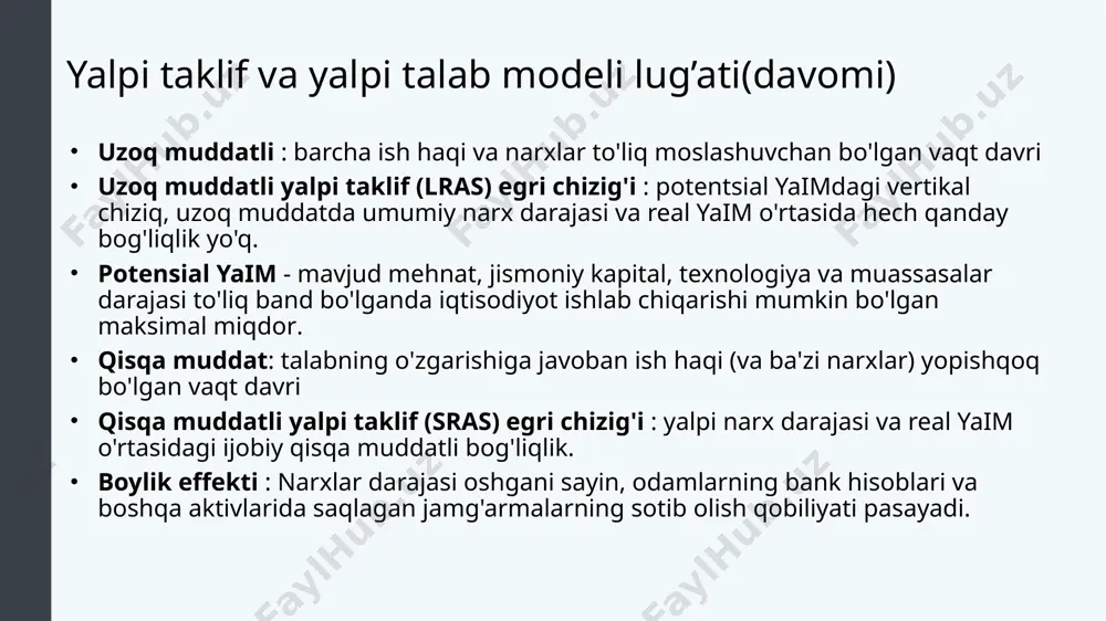 t narxi oshishi bilan bir xil xaridlarni amalga oshirish uchun ko'proq pul yoki kredit kerak bo'ladi. pul va kreditga bo'lgan bu qo'shimcha talab foiz stavkalarini oshiradi, bu esa korxonalar tomonidan investitsion maqsadlarda qarz olishni kamaytiradi va uy xo'jaliklari tomonidan uylar va avtomobillar uchun qarz olishni kamaytiradi, bu esa iste'mol va investitsiya xarajatlarini kamaytiradi. xorijiy narx ta'siri (import xaridlari samarasi) : agar boshqa mamlakatlarda barqaror bo'lib qolgan holda qo'shma shtatlarda narxlar ko'tarilsa, qo'shma shtatlardagi tovarlar dunyoning qolgan qismidagi tovarlarga nisbatan nisbatan qimmatroq bo'ladi. boshqa mamlakatlardagi narxlar darajasiga nisbatan yuqori ichki narxlar darajasi eksportning sof xarajatlarini kamaytiradi. yalpi talab va yalpi taklif modelini yaratish. muallif : openstax kolleji. manzil : http://cnx.org/contents/https://cnx.org/contents/vemoh-_p@4.44:7tt98uax@4/building-a-model-of-aggregate--098e-4b3c-a1d9- 7eb593a2cb31@10.49:2/makroiqtisodiyot . litsenziya : cc by: attribution . litsenziya shartlari : http://cnx.org/contents/bc498e1f-efe9-43a0-8dea-d3569ad09a82@4.44 manzilidan bepul yuklab oling 9 ad-as modelini talqin qilish 1-qadam : x va y o'qlarini chizing. x o'qini "real yaim" va y o'qini "narxlar darajasi" bilan belgilang 2-qadam : …