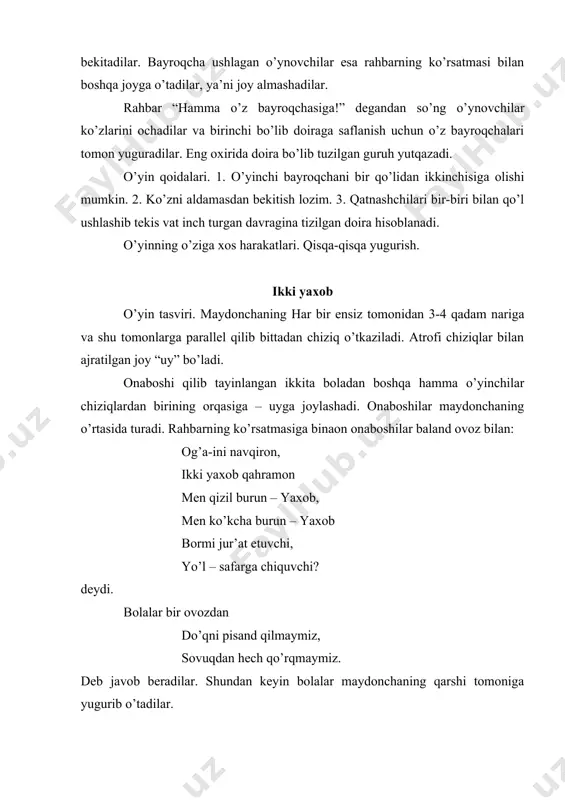 qlikda parallel chiziqlar o’tkaziladi. bu – zovur bo’ladi. zovurning yon tomonidan 10-15 m nariga ikki uy chegarasini belgilaydigan yana ikkita parallel chiziq o’tkaziladi. onaboshi qilib tayinlangan o’yinchi, ya’ni bo’ri zovurda turadi. qolgan o’yinchilar, ya’ni echkilar yon chiziqlardan birining orqasidagi “uy”ga joylashadilar. o’qituvchi signal berishi bilan echkilar oldinga qarab yuguradilar, yo’’lda zovur ustidan sakrab o’tib, maydonchaning qarshi tomonidagi chiziq orqasiga borib turadilar. bo’ri zovurdan chiqmasdan, sacrab o’tayotgan echkilarni ushlashga (ularga qo’l tegizishga) harakat qiladi. bo’rining qo’li tekkan o’yinchi ushlangan yerida toxtab qoladi. zovurdan omon-eson sakrab o’tgan echkilar qarama-qarshi tomondagi chiziqqa qarab yuguradilar. rahbar ushlangan o’yinchilarni aniqlaydi va shundan keyin ularga o’yinda yana qatnashishga ruxsat beradi. echkilar zovurdan uch marta sakrab o’tganlarian keyin yangi bo’ri tayinlanadi. echkilarning zovurdan uch marta sakrab o’tishi paytida ko’proq echki tuta olgan bo’ri hamda bo’ri qo’liga biron marta ham tushmagan yoki boshqa o’yinchilarga qaraganda kamroq ushlangan echkilar o’yinda yutgan hisoblanadilar. o’yin qoidalari. 1. o’yinchi sakrayotib zovurning ikkinchi …