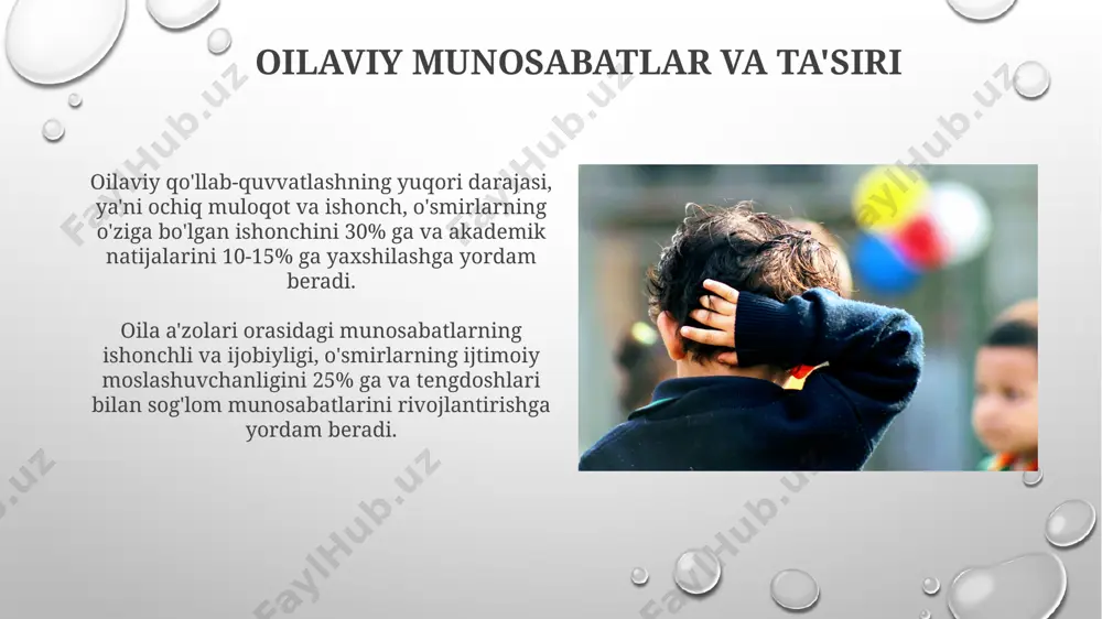 sig'imi o'rtacha 7±2 birlikdan ancha yuqori bo'ladi. o'smirlar bilan ishlash usullari o'smirlarning mustaqillikka intilishini qo'llab-quvvatlash uchun, ularga 3-4 ta muhim qarorlar qabul qilishda yordam berish, ammo tanlov erkinligini berish va o'z xatolaridan saboq olish imkoniyatini taqdim etish kerak. o'smirlarning hissiy jihatdan beqarorligini hisobga olib, muloqotda sabr-toqat va tushunishni namoyish etish, ularning fikr-mulohazalarini diqqat bilan tinglash va 10-15 daqiqadan ortiq bo'lmagan qisqa suhbatlar o'tkazish muhim. ruhiy salomatlik muammolari anoreksiya va bulimiya kabi ovqatlanish buzilishlari o'smir qizlarda ko'proq uchraydi va tana tasviri bilan bog'liq norozilik, shuningdek, ommaviy axborot vositalarining ta'siri bilan bog'liq. o'smirlik davrida ruhiy salomatlik muammolari, masalan, depressiya va tashvish, taxminan 20% o'smirlarda uchraydi va bu ularning o'qishiga, ijtimoiy munosabatlariga va umumiy farovonligiga salbiy ta'sir ko'rsatishi mumkin. xavf-xatarli xatti-harakatlar va giyohvandlik xavf-xatarli xatti-harakatlar, masalan, avtohalokatlar soni oʻsmirlar orasida kattalarga nisbatan ancha yuqori, bu esa prefrontal korteksning yetarlicha rivojlanmaganligi bilan izohlanadi. oʻsmirlik davrida giyohvandlikka moyillik 2-3 baravar ortadi, bu esa miya rivojlanishi …