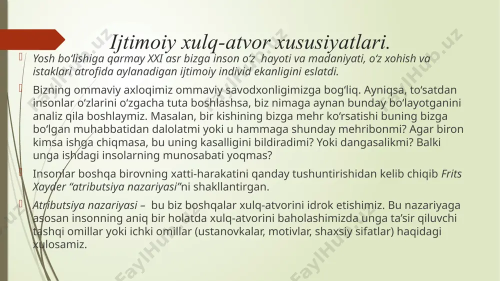 alga oshiriladigan altruistik harakatlar. 2-guruh tolerantlik tolerantlik (lot. tolerantia — sabrtoqat), bag‘rikenglik — o‘zgalarning turmush tarzi, xulq-atvori, odatlari, histuyg‘ulari, fikr mulohazalari, g‘oyalari va e’tiqodlariga nisbatan toqatli bo‘lish. hozirgi dunyoda tolerantlik o‘ta muhim ahamiyat kasb etadi. iqtisodiyotning globallashuvi va yanada mobillashuvi, kommunikatsiyalarning tez rivojlanishi, integratsiya va o‘zaro bog‘liqlik, keng miqyosli migratsiya va aholining ko‘chib yurishi va boshqa jamiyatda tolerantlik tamoyilining ahamiyatini kuchaytiradi. bag‘ri kenglik tamoyili aqida bozlikdan, haqiqatni mutlaklashtirihdan voz kechishni anglatadi va inson huquqlari sohasidagi xalqarohuquqiy hujjatlarda belgilangan qoidalarni tasdiqlaydi. bu tamoyilga ko‘ra, har kim o‘z e’tiqodiga amal qilishda erkindir va har kim bu huquqqa boshqalar ham ega ekanligini tan olmogi lozim. bir kishining qarashlari boshqalarga majburan singdirilishi mumkin emas. tolerantlikni alohida shaxslar, guruhlar va davlatlar namoyon qilishi lozim. diskriminatsiya diskriminatsiya (discrimination) — ma’lum bir odamlarga nisbatan, ularning qandaydir guruhga tegishliligi tufayli namoyon qilinadigan fe’l-atvor xususiyatlaridir. biroq diskriminatsivaning ba’zi ko‘rinishlari alohida odamlar tomonidan ernas, balki ijtimoiy institutlar tomonidan ham namoyon …