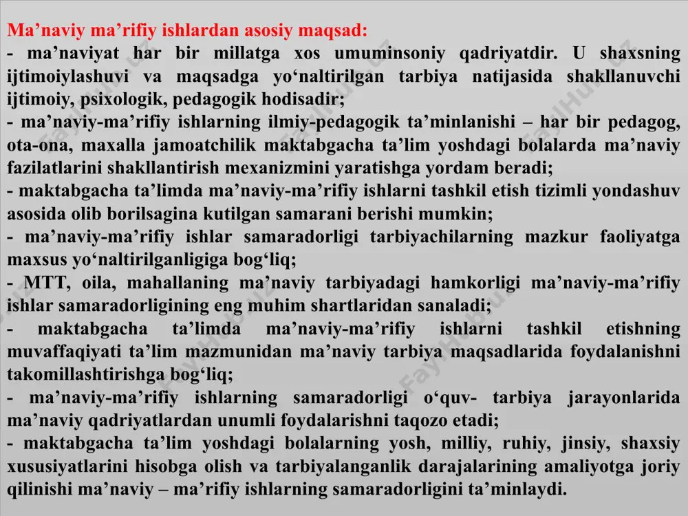 qaratilgan ma’naviy-ma’rifiy tadbirlar; 3.tarbiyalanuvchilarda vatanparvarlik tuyg‘ularini shakllantirishga oid ma’naviy-ma’rifiy tadbirlar; 4.tarbiyalanuvchilarni odob - axloq qoidalari bilan tanishtiruvchi ma’naviy-ma’rifiy tadbirlar. maktabgacha ta’lim tizimida bola ma’naviyatini shakllantirish samaradorligini oshirish doirasida qulay shart-sharoit yaratish alohida ahamiyatga ega: ma’naviy-ma’rifiy ishlarni tashkil etishda har tomonlama barkamol shaxsni ma’naviy shakllantirishga doir metodik qo‘llanmalar yaratish. ta’lim muassasaslarida ma’naviy-ma’rifiy ishlarni tashkil etishda maktabgacha ta’lim yoshdagi bolalarning ma’naviy yuksalishiga ta’sirini aniqlash va nazorat qilish mexanizmini ishlab chiqish. ma’naviy-ma’rifiy ishlarni tashkil etishda shu sohaga doir tarbiyaviy ishlarning hususiyati hamda maktabgacha ta’lim yoshdagi bola tabiatidan kelib kelib chiqqan holda an’anaviy metodlar bilan birga ilg‘or pedagogik va axborot texnologiyalardan ham foydalanish. maktabgacha yoshdagi bolalarning yosh xususiyatlarini hisobga olgan holda ma’naviyatga doir ko‘rgazmali materiallarni nashr qilish. maktabgacha yoshdagi bolalar ishtirokida «to‘maris avlodlari», «vatanimiz qiyofasi bolalar nigohida», «mening maxallam» kabi mavzularda yosh ijodkor bolalarning respublika ko‘rik tanlovini muntazam o‘tkazib borish. maktagacha ta’lim tashkilotlarida ma’naviy – ma’rifiy ishlarni amalga oshirishda quyidagicha rejalashtirib boriladi: -ma’naviy tarbiya …
