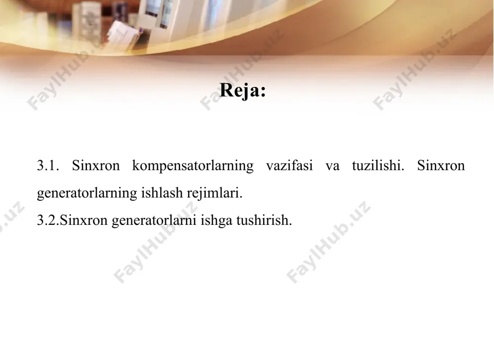 ktiv quvvatni iste’mol qilish rejimida ishlash talab etiladi. sinxron kompensator generatsiyalayotgan yoki iste’mol qilayotgan reaktiv quvvat uyg‘otish toki kattaligiga bog‘liq. sinxron kompensatorning ishini taxlil qilganda, uni kuchli tarmoqqa ulangan deb hisoblaymiz shu sababli statorning toki o‘zgarganda qisqichlardagi kuchlanish, amaliy jihatdan o‘zgarmaydi (3.1-rasm). uyg‘otish tokining o‘zgarishi bilan stator cho‘lg‘amining eyuk yek o‘zgaradi. kompensator eyukning kattaligi tarmoq kuchlanishiga teng bo‘lsa, bu rejim kompensatorning salt ishlash rejimi deb yuritiladi. uyg‘otish toki ortganda sinxron kompensatorning eyuk uning qisqichlaridagi kuchlanishdan katta bo‘ladi(o‘ta uyg‘otish rejimi). kuchlanishlar farqi ∆u' = e -u ta’sirida mashina statorida j k toki hosil bo‘ladi. kompensator cho‘lg‘amlarining qarshiligi asosan induktiv bo‘lganligi uchun tok kuchlanish farqi ∆u' dan 90° ga yaqin burchakka orqada qoladi. kuchlanishning vektori uk ga nisbatan ko‘rsatilgan tok 90° ga yaqin burchakka orqada qoladi. bunda kompensator tarmoqqa reaktiv kuvvat beradi. mashinani uyg‘otish toki yetarli bo‘lmasa, ya’ni e(uk bo‘lganda, j k vektoridan o‘zadi: mashina tarmoqdan reaktiv kuvvat iste’mol qiladi. tok sinxron …