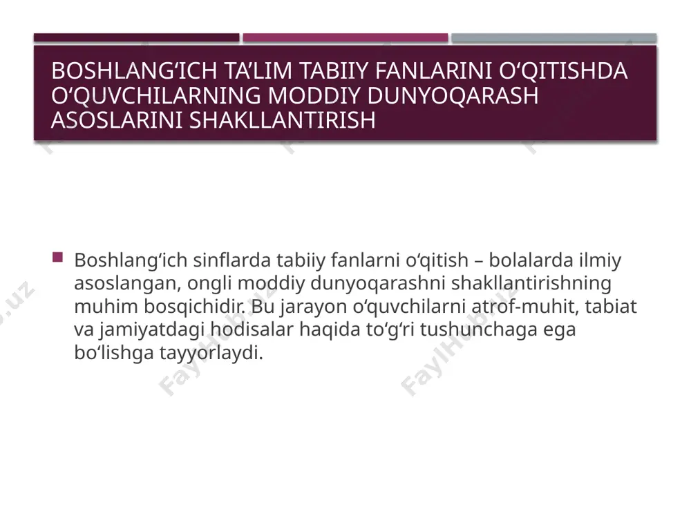 ta’lim, tabiatni asrash g‘oyalari, kichik ilmiy loyihalar va interaktiv metodlar yordamida bolalarning moddiy dunyoqarashi kengaymoqda. virtual tajribalar ham bu jarayonni yanada samarali qiladi. moddiy dunyoqarash va didaktik tamoyillar moddiy dunyoqarash asoslarini shakllantirishda ilmiylik, hayot bilan bog‘liqlik, ko‘rgazmalilik, nazariy va amaliy birligi, faollik va mustaqillik kabi didaktik tamoyillar muhim ahamiyatga ega. har bir metod bolalarning ongli, asosli dunyoqarashga ega bo‘lishiga xizmat qiladi. xulosa boshlang‘ich ta’limda tabiiy fanlarni to‘g‘ri o‘qitish orqali o‘quvchilarda ilmiy va mustahkam moddiy dunyoqarash shakllanadi. bu esa ularni kelajakda hayotda ongli, tafakkurli va zamonaviy inson bo‘lib yetishishiga zamin yaratadi. /docprops/thumbnail.jpeg
