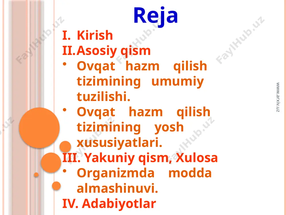 lari , kichik oziq tishlar chiqadi . sut tishlari 20 ta bo’ladi : 2 ta kesuvchi , 1 ta qozik , 2 ta kichik oziq tishlari. sut tishlari 6-7 yoshdan boshlab doimiy tishlar bilan o’rin almashiniladi. bolaning 7 yoshida birinchi katta oziq tishi , 8 yoshida birinchi kichik oziq tishi , 13-16 yoshida katta og’iz tishi , 11-15 yoshida ikkinchi oziq tishlar , 18-30 yoshida uchinchi oziq tishlar chiqadi . bolalarning sut tishlari doimiy tishlar bilan almashinish davrida tishlarni parvarish qilishni o’rgatish lozim . www.arxiv.uz www.arxiv.uz uxlashdan avval tishlarni cho’tka va poroshok bilan tozalash , ovqatlangandan so’ng og’izni iliq sovuq suv bilan chaykash zarur . bolalar juda sovuq yoki juda issiq ovqatlarni iste’mol qilishi , tishi bilan qattik narsalarni maydalashi mumkin emas . bolalarda ovqat chaynashib davomligigi avval uzoqroq bo’sa, so’ng kamaya boradi . bolalarning 11-12 yoshida ovqat moddalariga bir sutkada 200 sm , ovqatdan tashqari vaqtida 400-600 sm -3 …