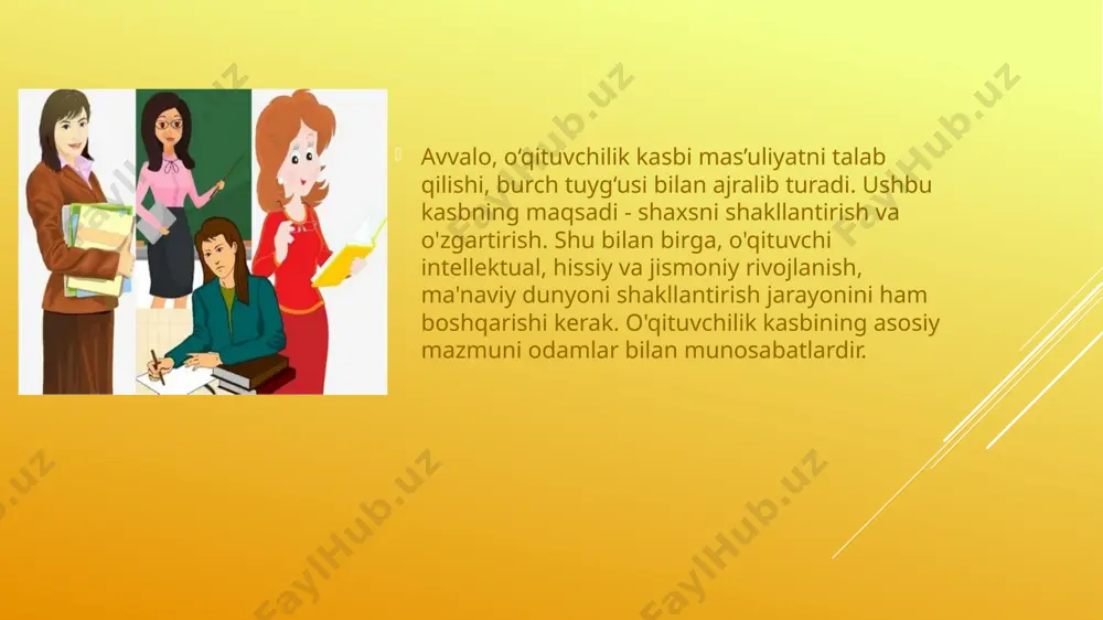 ‘rsatish qobiliyati;• pedagogik takt – o‘zini to‘g‘ri tuta olishda namoyon bo‘ladigan mutanosiblik hissi. o'qituvchining xushmuomalaligi shundaki, u shaxsiy qadr-qimmatni saqlaydi va bolalar, ularning ota-onalari va ishdagi hamkasblarining g'ururiga putur etkazmaydi;• pedagogik hushyorlik – o‘qituvchining bola rivojlanishida muhim bo‘lgan narsalarni qayd eta olishi, har bir bola shaxsini shakllantirish istiqbollarini, dinamikasini oldindan ko‘ra bilishi; pedagogik optimizm o'qituvchining alohida ta'limga muhtoj har bir bolaning kuchli va imkoniyatlariga, maxsus ta'lim jarayonining samaradorligiga chuqur ishonchiga asoslanadi; kasbiy tayyorgarlik madaniyati - bolalar, ularning ota-onalari va hamkasblari bilan to'g'ri munosabatlarni tashkil etish qobiliyati; pedagogik mulohaza - qo'yilgan qadamlarni o'z-o'zini tahlil qilish, olingan natijalarni baholash, ularni maqsad bilan bog'lash. o'qituvchining mahorati - psixologik-pedagogik ta'sir vositalarining zamonaviy arsenalini ijodiy o'zlashtirishning yuqori darajasi; barcha faoliyatda ulardan samarali foydalanish. pedagogik texnika pedagogik mahoratning zaruriy tarkibiy qismidir.n.m.ga ko'ra professional xarakterning eng muhim belgilari. nazarova:• mehribonlik;• javobgarlik;• sabr;• empatiya qilish qobiliyati; quvvat; o'z ishingizga bo'lgan ishtiyoq;• o‘quvchilaringizga hurmat va muhabbat;• professional halollik va …