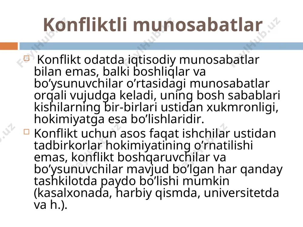 likning kuchayishidir. konfliktning tugashi va uni psixologik hal qilish. konfliktni tugash shakllari. konfliktlar tipologiyasi bir xil emas, konfliktlar o’zgaruvchan, biri boshqasiga o’xshamaydi. konfliktlar tugashi bunday vaziyatda konfliktlar tugashining yagona shakllarini aniqlash yoki ularni hal qilishning qandaydir universal usullarini topish qiyin masaladir. konflikt ikkala tarafning halokati bilan yakunlanishi mumkin, biroq bu uning hal qilinganligini anglatmaydi. agar konfliktni tugashiga uning tamom bo’lishi, uning turli sabablarga ko’ra to’xtashi deb qaralsa, uning hal qilinishini qarama-qarshi kurashni tinch yoki kuch ishlatish vositalari bilan to’xtatuvchi konflikt ishtirokchilarining o’zi yoki uchinchi tarafning u yoki bu ijobiy harakati (qarori) deb tushunishimiz kerak. konfliktni muvaffaqiyatli hal qilish konfliktni muvaffaqiyatli hal qilish shart-sharoitlari ko’p darajada taraflar va boshqa ishtirokchilarning imkoniyatlari va xohish-erklari bilan belgilanadi. konflikt ham tashqi harakatlar , ham konfliktlashuvchi subyektlarning o’zlari bilan belgilanganligi sababli uning hal qilinishi ham mazkur ikki guruh omillarga bog’liq masalan, oilaviy konflikt er-xotinlarning biri yoki ikkalasining bevafoligi bilan bog’liq bo’lsa, uni yaxshi hal qilinishi …