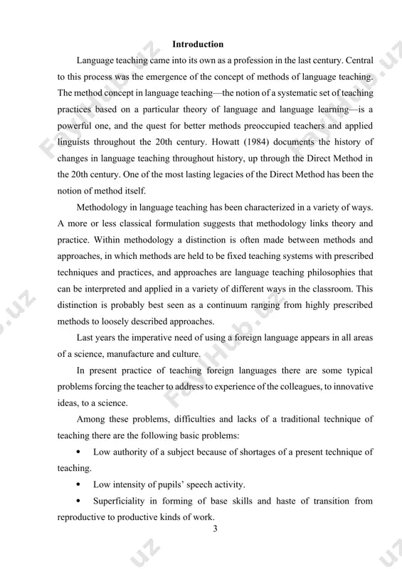 e problem of effective teaching foreign languages have caused its topicality, and consequently the choice of a theme for the given research work. it also has determined the aim of work: to distinguish the most rational techniques of teaching a foreign language which can be used in school. the subject of this course paper is variety of methods and ways and their effectiveness of using in teaching a foreign language. the object of research is the process of teaching and pupils who are the subjects of this teaching process. in this work it is necessary to solve the following primary objectives: 1. theoretically to comprehend and approve in practice available approaches to teaching a foreign language in high school. 2. to analyze the basic contents of a teaching material and principles of its organization in a rate of foreign language 3. to compare suggested approaches and to choose the most …