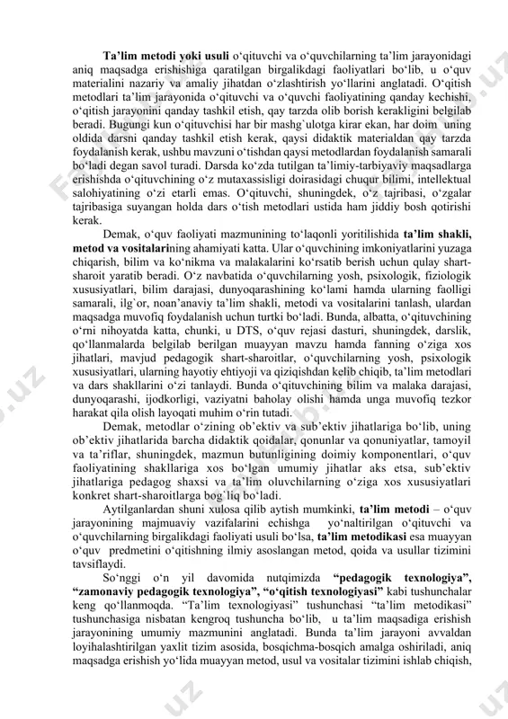 чиларнинг оғзаки нутқини уларни кўп гапиртириш орқали ўстириш методикаси. – т.: фан ва технология, 2012. – 212 б.] [2: 2бим и.л. теория и практика обучения немецкому языку в средней школе: проблемы и перспективы. – москва: просвещение, 1988. – с.20.] “metod (yunoncha methods – tadqiqot usuli, yo‘li) 1. tabiat va jamiyat hodisalarini bilish, tadqiqi qilish usuli. 2. usul, uslub” sifatida; “metodika (yunoncha methodika) 1. biror ishni bajarish, amalga oshirish, ado etish metodlarining, usullarining yig`indisi. 2. o‘qitish usullari haqidagi ta’limot.” metodik so‘zi esa metod va metodikaga xos, usuliy ma’nolarini bildiradi.[footnoteref:3]3 [3: 3 ўзбек тилининг изоҳли луғати, 2-жилд. – тошкент: ўзбекистон миллий энциклопедияси, 2006. – б. 582.] metodologiya esa tadqiqot manbaini qanday tushunish, uni o‘rganishga qanday yondashish, qaysi usullarni qo‘llash, tadqiqot ob’ekti yuzasidan umumiy nazariy, amaliy, mantiqiy yoki tavsifiy bilimlar hosil qilish haqidagi ta’limotdir. ta’lim metodi yoki usuli o‘qituvchi va o‘quvchilarning ta’lim jarayonidagi aniq maqsadga erishishiga qaratilgan birgalikdagi faoliyatlari bo‘lib, u o‘quv materialini …