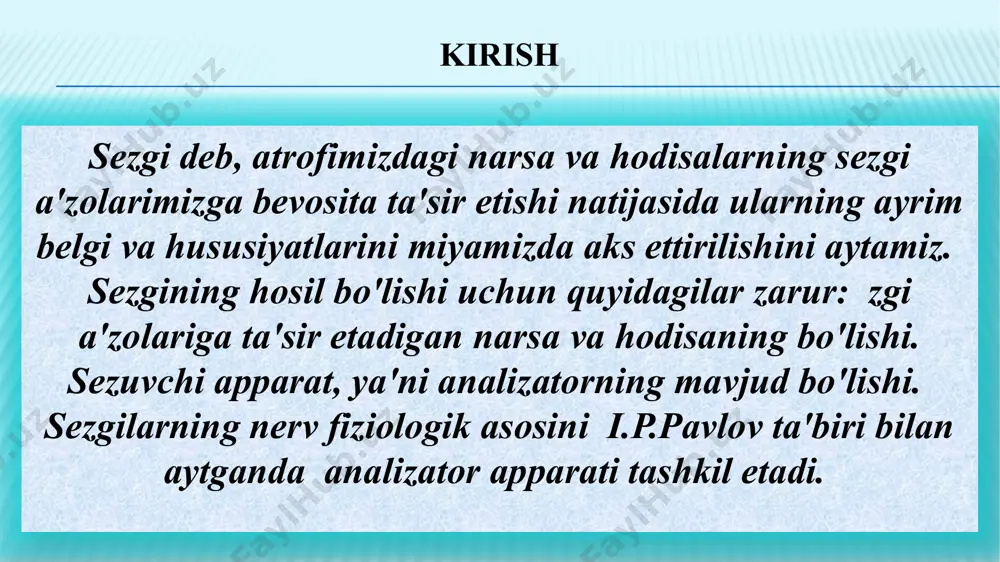 a orqali o'tib singanda hosil bo'ladigan rangga aytiladi va ularga kamalak ranglar, ya'ni qizil, zarg`aldoq, sariq, yashil, havo rang, ko'k, binafsha tuslarini qamrab oladi. ahromatik ranglar odatda oq rang, qora rang, kulrang va ularning turlicha ko'rinishlariga aytiladi. kolbachalar yordami bilan hromatik, ya'ni kunduzgi ranglar ko'riladi. tayoqchalar yorug`likni yahshi sezuvchan bo'lib, hira va qorong`u paytlarda o'z funksiyasini bajaradi, ahromatik ranglarni aks ettiradi. uch rangli sezgi nazariyasining asosiy qoidalari 1756 yilda m.v.lomonosov tomonidan bayon qilingan bo'lsa, 1856 yildan keyin nemis fizigi g.gelmgols tomonidan uni to'la isbotlab berilgan ushbu nazariyaga binoan to'r pardaning kolbachalarida uchta asosiy element mavjuddir, ulardan birining qo'zg`alishi qizil rang sezgisini, ikkinchi qo'zg`alishi yashil rang sezgisi va uchinchi qo'zg`alishi binafsha rang sezgisini hosil qiladi. nazariyaga ko'ra yorug`lik to'lqinlari birdaniga uchta elementni bir hilda qo'zg`atsa, oq rang sezgisi vujudga keladi. lekin yorug`lik to'lqinlari ikki yoki uch elementga ta'sir qilsa-yu, ammo bu bir tekis kechmasa, u holda sezuvchi elementlardan har birining qanchalik …