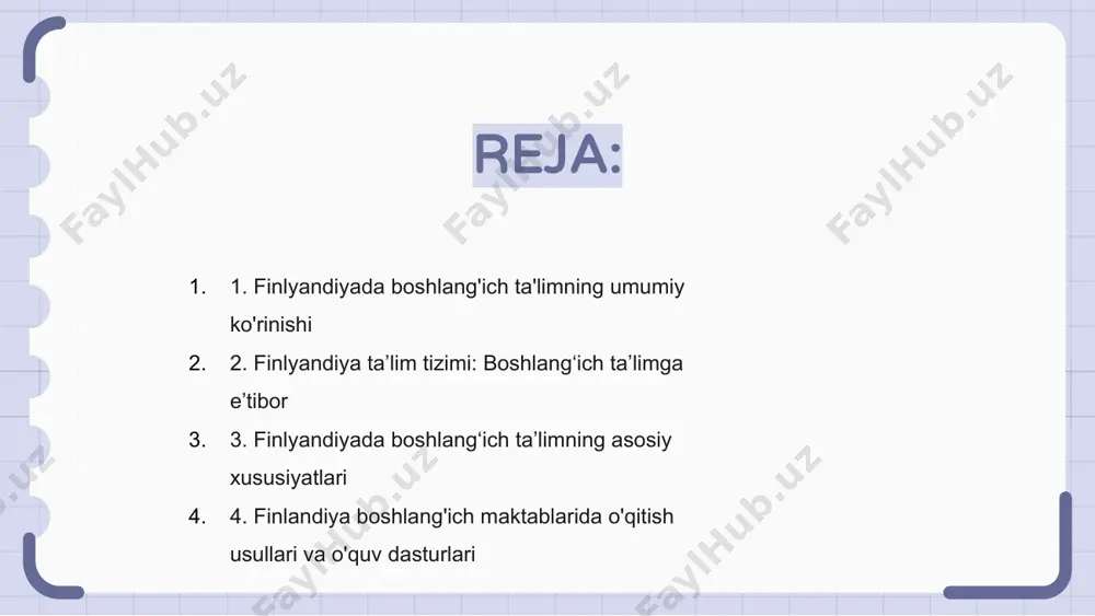 eʼtibor qaratgan holda, har bir oʻquvchi akademik va shaxsiy muvaffaqiyatga erishish uchun zarur vositalar va resurslarni olishini taʼminlashga qaratilgan. 3. finlyandiyada boshlang‘ich ta’limning asosiy xususiyatlari finlyandiyada boshlang'ich ta'lim individual ta'lim, yaxlit rivojlanish va talabalar farovonligiga qaratilganligi bilan ajralib turadi. asosiy xususiyatlardan biri kamroq tuzilgan o'quv muhitiga e'tibor berishdir, bu erda talabalar o'z tezligida kashf qilish va o'rganish erkinligiga ega. yana bir muhim jihat - o'qituvchilar, ota-onalar va o'quvchilar o'rtasidagi hamkorlikdagi yondashuv, qo'llab-quvvatlovchi va tarbiyalovchi o'quv hamjamiyatini yaratish. 4. finlandiya boshlang'ich maktablarida o'qitish usullari va o'quv dasturlari finlyandiya boshlang‘ich maktablarida o‘qitish metodikasi faol o‘rganish va o‘quvchilar ishtirokiga qaratilgan. o'qituvchilar o'quvchilarni jalb qilish uchun guruhda ishlash, loyihalar va tajribaviy o'rganish kabi turli usullardan foydalanadilar. finlyandiya boshlang'ich maktablaridagi o'quv dasturi yaxlit ta'limni, jumladan, tanqidiy fikrlash, ijodkorlik va muammolarni hal qilish ko'nikmalarini rivojlantirishga qaratilgan. ko'pincha fanlararo o'rganishni rag'batlantirish uchun mavzular birlashtiriladi. talabalar, shuningdek, individual ta'limni targ'ib qiluvchi va barcha talabalarning turli kelib chiqishi va …