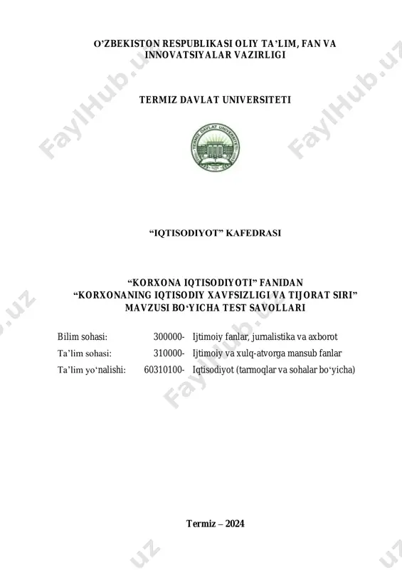 aqsadli rejaning mavjudligi b) ma’lumotlarni shifrlab saqlash d) qonuniylikni ta’minlash e) mustaqillik va mas’uliyatlilik 3. tijorat sirining himoyasi fuqarolik kodeksining nechanchi moddasida kafolatlangan? a) 98-moddasida b) 96-moddasida d) 94-moddasida e) 92-moddasida 4. quyidagilardan qaysi biri korxonaning xavfsizlik xizmati funksiyasiga kirmaydi? a) hisob-nazorat funksiyasi b) axborot-tahlil funksiyasi d) qo’riqlash funksiyasi e) tashkiliy texnik funksiyasi 5. korxona tijorat sirini saqlash mexanizmlaridan biri bo’lgan “ochiq testlar” o‘tkazish tadbirlarining mohiyati nima? a) korxona mijozlarining korxona haqidagi fikrlarini test savollari berish orqali o’rganish va shu asosda tegishli choralar ko’rish b) korxonaga xodimlarni ishga qabul qilishda, ishlayotganlarini esa vaqti-vaqti bilan test orqali sinash d) korxona hamkorlarining korxona haqidagi fikrlarini test savollari berish orqali o’rganish va shu asosda tegishli choralar ko’rish e) jamoatchilikning korxona haqidagi fikrlarini o’rganish maqsadida ommaviy axborot vositalari orqali so’rovnoma-testlar o’tkazish o’zbekiston respublikasi oliy ta’lim, fan va innovatsiyalar vazirligi termiz davlat universiteti “iqtisodiyot” kafedrasi “korxona iqtisodiyoti” fanidan “korxonalarda bankrotlik holati va uning oldini olish …