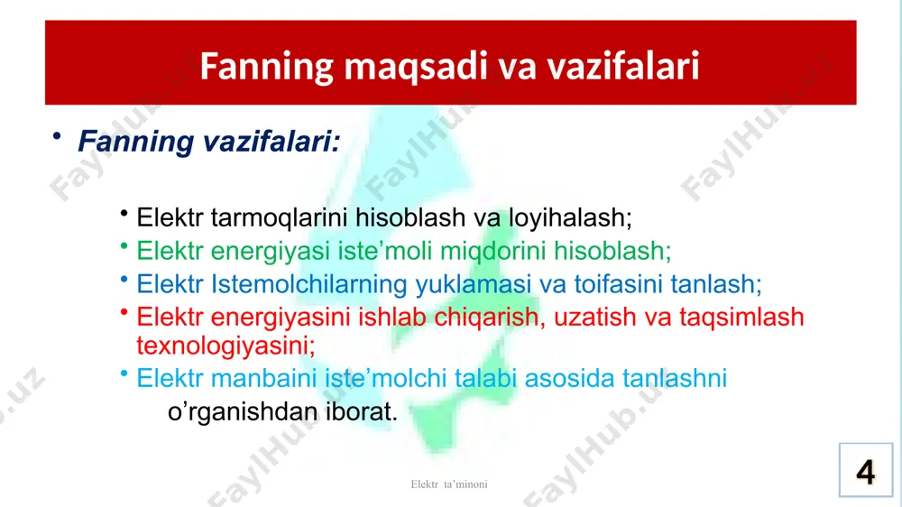 ari metall, temir-beton, yog‘och, yog‘och-beton 4. izolyatorlari: farfor, shisha, dielektrikli 2.1-jadval 26 elektr ta’minoni 2. kabel elektr uzatish tarmoqlari t.r ko‘rsatkichlari qiymatlari 1. kuchlanishi: past - 220 va 380 v; yuqori - 6, 10, 35 kv. 2. izolyatsiyasi: qog‘oz, moy shimdirilgan qog‘oz, dielektrikli 3. yotkizish turi: ochiq, yopiq, yerga ko‘miladigan 3. shina o‘tkazgichli elektr tarmoqlar t.r ko‘rsatkichlari qiymatlari 1. kuchlanishi: 220; 380 v va 6; 10; 35, 110, 220 va 500 kv. 2. o‘tkazgich materiali: alyuminiy, mis va po‘lat 3. shakli yassi yuzali, to‘g‘ri to‘rtburchak, quvursimon 27 havo elektr uzatish liniyalari elektr ta’minoni 35 (110, 220, 500) кv li metal sim ustunli 35, (110) кv li temir-beton sim ustunli 35 кv li yog‘och-beton sim ustunli 28 havo elektr uzatish liniyalari elektr ta’minoni 10 (6) кv li temir-beton sim ustunli 380 v li temir-beton sim ustunli 29 elektr ta’minoni 3. elektr energiyasini yigish va uzatish elektr energiyasini yig‘ish va uzatish uchun …