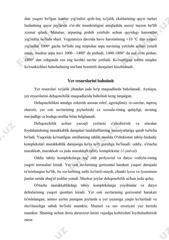 mplekslarga yoyilrnalar va deltalarning o'rta qismlari va allyuvial terrasalar kiradi. yer osti suvlarining gorizontal harakati yaxshi emas, sug'orish davomida ularning sathi ko'tariladi va tuproqda tuz to'plana boshlaydi. buning oldini olish uchun gorizontal va tik zovurlar qurishni ko'zda tutmoq lozim. juda murakkab tabiiy komplekslarga deltalarning etak qismlari, prolyuvial tekisliklarning quyi yoki chekka joylari, adirlar, plato va balandliklar kiradi. yer osti suvlarining gorizontal harakati ta'min-lanmagan, ularning sathi sug'orish paytida tezda ko'tarilib ketadi. buning oldini olish maqsadida zich zovurlar tarmog'ini qurish, yerni sifatli qilib yuvish va tekislash, shamol eroziyasiga qarshi ihota daraxtzorlarini vujudga keltirish lozim. suv shimilishining oldini olish uchun tomchilatib, yomg'irlatib va tuproq ostidan sug'orish usullarini qo'llash zarur. о‘zbekistonning chо‘l va chalachо‘l mintaqalarida sug‘oriladigan yaroqli yerlar tabiat komplekslarining murakkablik darajalarini aniqlovchi mezonlar tk lari va melioratsiya murakkabligi relyef yotqiziqlarning tarkibi tuproqlar grunt suvlari yerlarning meliorativ holati turi yuzasining xususiyatlari nomi shо‘rlanishga berilganligi eroziyaga berilganligi chuqurligi, m minerallashuv darajasi, har l da g …