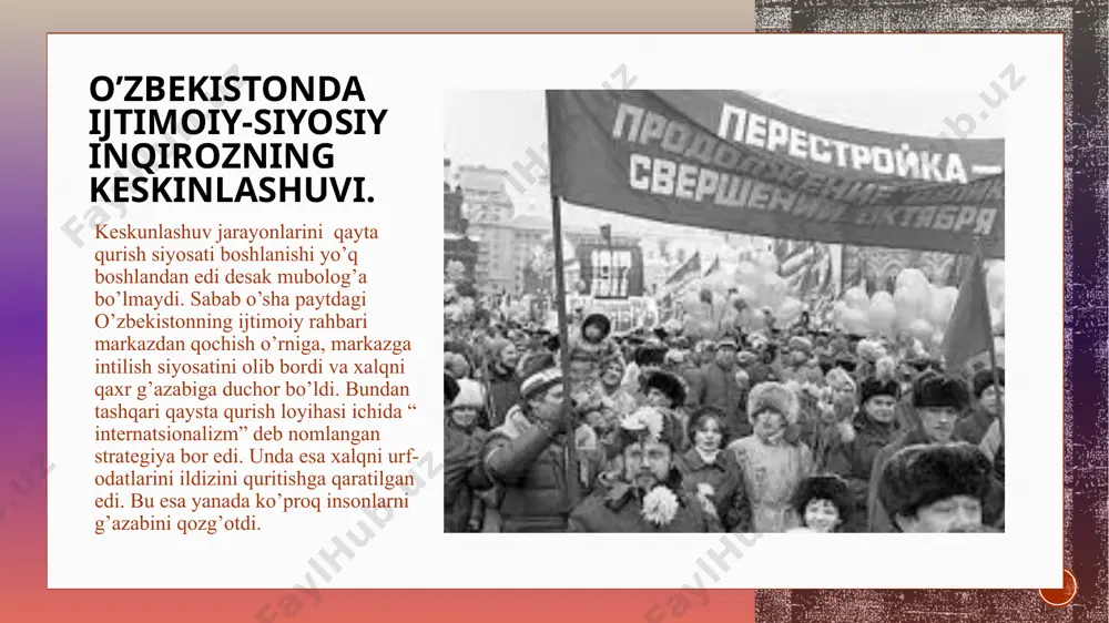 r-foto) g’ayrat yo’ldoshning ilmiy ishi (https://kun.uz/news/2019/12/31/sssr-qanday-parchalangandi-qabohat-saltanatining-yoqlikka-yuz-tutish-sabablari?q=%2fuz%2fnews%2f2019%2f12%2f31%2fsssr-qanday-parchalangandi-qabohat-saltanatining-yoqlikka-yuz-tutish-sabablari) raupova mushtariybegimning ilmiy ishi “mustaqillik o’zbekiston respublikasi tashkil topishining tarixiy ahamiayti. (https://student.adchti.uz/education/resources/31345?subject=768) videoning silkasi (https://www.youtube.com/@unitilgantarix) e’tiboringiz uchun rahmat! xusnitdinova dilrabo tomonidan tayyorlandi image4.png image2.png image5.jpg image3.png image10.png /docprops/thumbnail.jpeg