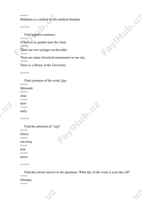 === you were ==== were +++++ how many children have the taylors? ==== # they ==== it ==== them ==== its +++++ how much time does … spend on … homework? ==== # he/his ==== me/her ==== her/she ==== we/our +++++ how often....english? ==== #do you study ==== study you ==== you study ==== don’t you study +++++ i …. big cities. ==== #like ==== am liking ==== likes ==== has liked +++++ i …. … in london, but my brother …. …. in scotland. ==== # live / lives ==== is living / is living ==== lived / lives ==== lived / have lived +++++ i …. …. .. big cities. ==== # like ==== am liking ==== likes ==== has liked +++++ i …. home for lunch on mondays ==== # don’t go ==== doesn’t go ==== have gone ==== has gone +++++ my parents…. in bukhara, but …