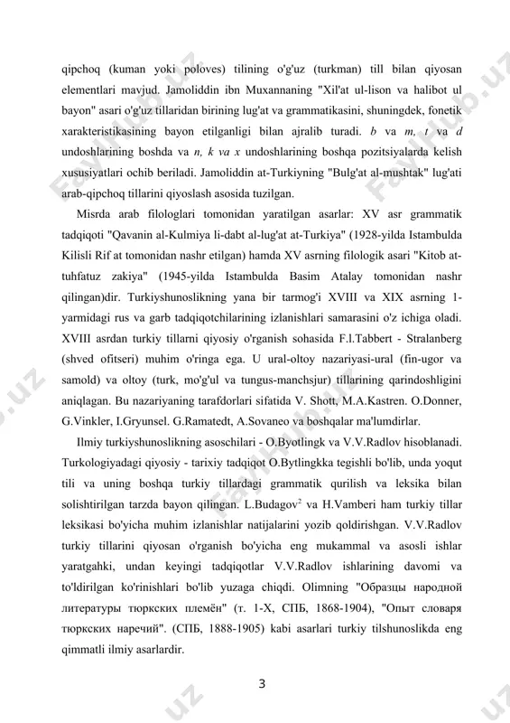 ri ham turkiy tillar leksikasi bo'yicha muhim izlanishlar natijalarini yozib qoldirishgan. v.v.radlov turkiy tillarini qiyosan o'rganish bo'yicha eng mukammal va asosli ishlar yaratgahki, undan keyingi tadqiqotlar v.v.radlov ishlarining davomi va to'ldirilgan ko'rinishlari bo'lib yuzaga chiqdi. olimning "образцы народной литературы тюркских племён" (т. 1-х, спб, 1868-1904), "опыт словаря тюркских наречий". (спб, 1888-1905) kabi asarlari turkiy tilshunoslikda eng qimmatli ilmiy asarlardir. n.f.katanova "опыт исследования урянхайского языка с указанием главнейших родственных отношений его к другим языком тюркского корня" (казань, 1903) nomli tadqiqoti ham fanda ulkan shuhrat qozondi. xullas, turkiy tillarini o'rganish bo'yicha qisqacha sharx shulardan iborat bo`lib turkiy tillar, turkiy xalqlar va ularning madaniyati kabilar olimlarni qiziqtirib kelganligini dalillaydi. ii. kadimgi turkiy tillarning fonetik surilishiga xos xarakterli belgilaridan biri d-lanishdir. bu davrda turkiy tillarda tarixiy jihatdan qadimgi r-t/d-s/z undoshlarining y ga utish hodisasi paydo bo`ladi va rivojlanadi. masalan, xi asrda y-s/z mosligi maxmud koshgariyning devonida sanab utilgan tillardan fa-sat k.arluk. k.abila ittifok.i tarkibiga …