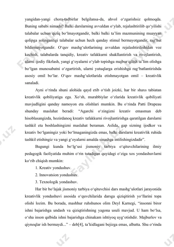 bo‘lgan ehtiyojni muayyan darajada yuzaga keltiradi, ularning o‘quv-bilish qobiliyatlarini bir qadar rivojlantirishga yordam beradi. biroq, o‘quv yilining oxirida kelib oliy ta’lim muassasalarida talabalarning fanlarni o‘zlashtirishlarida yuqori darajadagi ijobiy natijalar kuzatilmayapti. ko‘plab talabalarning ta’lim olishga nisbatan qiziqishi yo‘qolgan. buning natijasida o‘qituvchilar ham avvalgidek zavqu shavq bilan kasbiy faoliyatni tashkil etishni o‘ylashmayapti. ta’lim tizimini boshqaruvchi organlar ta’lim olishga nisbatan xohish-istagi bo‘lmagan talabalar, bu kabi ta’lim oluvchilarni o‘qitishni istamayotgan o‘qituvchilar faoliyatini o‘zgartirish borasida yangidan-yangi chora-tadbirlar belgilansa-da, ahvol o‘zgarishsiz qolmoqda. buning sababi nimada? balki darslarning avvaldan o‘ylab, rejalashtirilib qo‘yilishi talabalar uchun qiziq bo‘lmayotgandir, balki balki ta’lim mazmunining muayyan qolipga solinganligi talabalar uchun hech qanday stimul bermayotgandir, rag‘bat bildirmayotgandir. o‘quv mashg‘ulotlarining avvaldan rejalashtirilishidan voz kechish, talabalarda tanqidiy, kreativ tafakkurni shakllantirish va rivojlantirish, ularni ijodiy fikrlash, yangi g‘oyalarni o‘ylab topishga majbur qilish ta’lim olishga bo‘lgan munosabatni o‘zgartirish, ularni yutuqlarga erishishga rag‘batlantirishda asosiy omil bo‘lar. o‘quv mashg‘ulotlarida etishmayotgan omil – kreativlik sanaladi. ayni o‘rinda shuni alohida qayd …