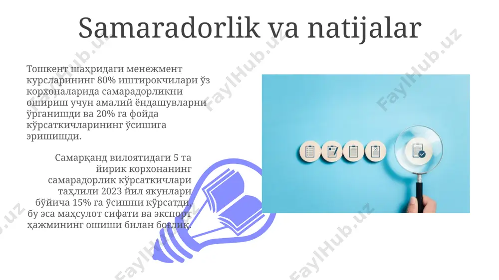 15% кўпроқ бюджет ажратилиб, 10 та янги тренинг дастури жорий этилади. muloqot va hamkorlik muloqot samaradorligini oshirish bo'yicha o'tkazilgan 2 oylik treninglardan so'ng, andijon shahridagi 15 ta kompaniyada menejerlarning jamoaviy ishlash samaradorligi 15% ga oshgan. muloqot va hamkorlikni baholashda 5 ballli shkala bo'yicha 3 dan kam baho olgan rahbarlarning 70%i toshkentdagi yirik korxonalarda ishlaydi. o'z-o'zini baholash va rivojlantirish 01 02 muvaffaqiyatli oʻz-oʻzini baholash va rivojlantirish jarayoni kamida 3 bosqichdan iborat boʻlib, har bir bosqich 2-4 hafta davom etadi va aniq natijalarga ega boʻlishi kerak. sales 1st qtr 2nd qtr 100 0 sales 1st qtr 2nd qtr 100 0 e'tiboringiz uchun rahmat @taqdimot_robot image4.jpg image5.jpg image6.jpg image7.jpg image8.jpg image9.jpg image10.jpg image11.jpg image12.jpg image13.jpg image14.jpg image15.jpg image1.jpeg image2.jpeg image3.jpeg