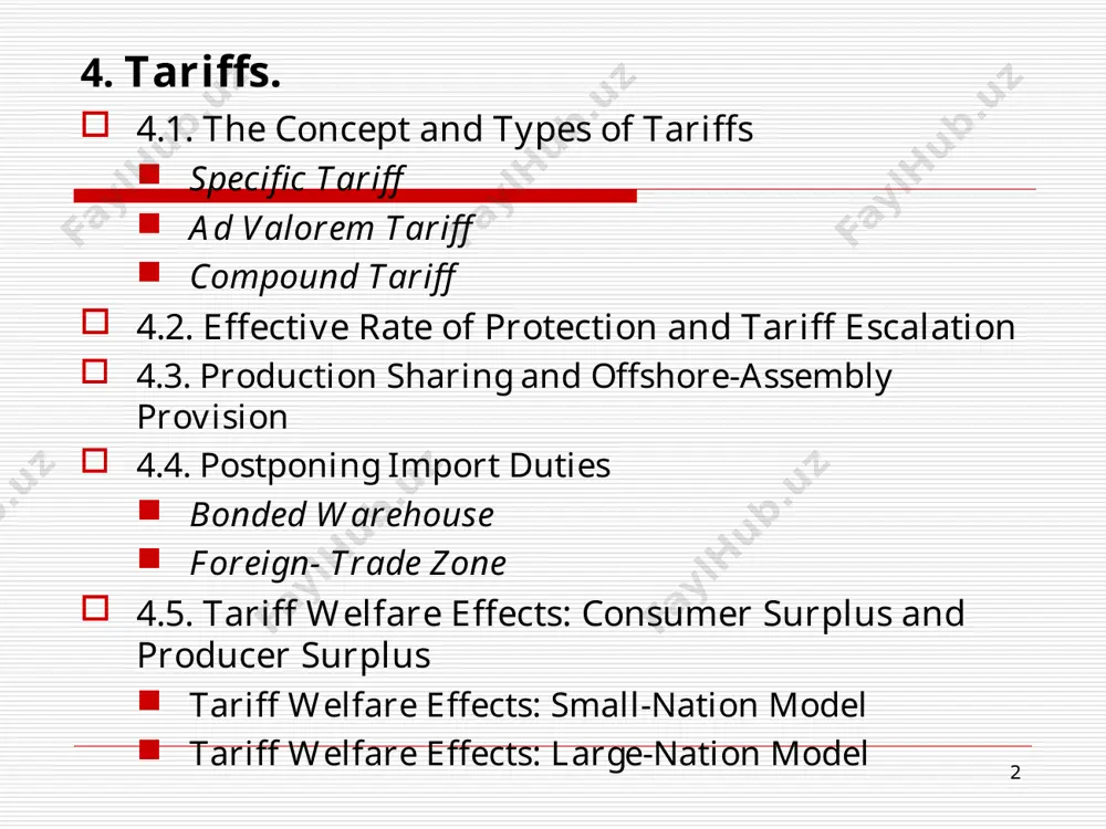 ing the country, it does place foreign producers at a competitive disadvantage when selling in the domestic market. a revenue tariff is imposed for the purpose of generating tax revenues and may be placed on either exports or imports. in the united states. 1900, tariff revenues constituted more than 41 percent of u.s. government receipts; in 2001-1%. many developing nations currently still rely on tariffs as a major source of government revenue (almost 75% in ghana due to export of coffee). 4.1. the concept and types of tariffs * 4.1. the concept and types of tariffs types of tariffs: specific, ad valorem, or compound. a specific tariff is expressed in terms of a fixed amount of money per physical unit of the imported product. for example, a uzb. importer of 1 t of grain may be required to pay a duty to the uzb. government of $100 per each ton, …