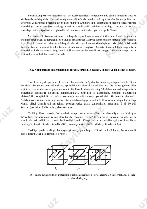 r samolyotlari yak-42, il- 114, tu-204, tu-334, sport somolyotlari su-26, su-29, su- 31, vertolyot mi-8 larning somolyot qanotlari, fyuzelyaji, dumi, detallari va agregatlari konstruksion materiallaridan yasalgan. “ruslan” samolyoti konstruksiyasida 5,5 t kompozitsion material ishlatilgan. “boing -787” samoltini 50% kompozitsion materiallaridan iborat. “proton-m”, “rokot”, “angara” raketa – tashuvchilarni konstruksiyalarini 20-90% ugleplastiklardan iborat. kompozitsion materiallari qo‘llash texnologik siklini 1,5 martagacha qisqartiradi. kompozitsion material deb o‘z tarkibiga eritmaydigan yoki kam eriydigan xossalari bilan bir- biridan qattiq farq qiladigan, materialda bir–biridan yaqqol chegara bilan bo‘lingan murakkab materialga aytiladi. kompozitsion material shunday xossaga ega bo‘lish kerakki, tashkil etuvchilarning bittasi ham yakka holda bu xossaga ega bo‘lishi kerak emas. barcha kompozitsion materiallar ikki guruxga bo‘linadi: tabiiy va sun’iy. tabiiy kompozitsion materialga, o‘simlik tanasi (poyasi - plastinkali pignin bilan bog‘langan), inson va hayvonlarning terilari (ingichka mustahkam iplar plastinkali kletkalar bilan bog‘langan), hamda evtektik qotishmalar. barcha kompozitsion materiallarda ikki asosiy funksiyali komponent aniq ajralib turadi: matritsa va sinchlovchi …