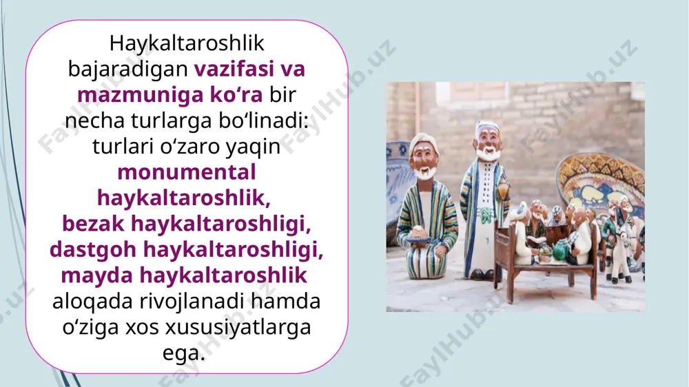 boshqalar), dunyoviy gʻoyalar (yorqin insoniy xarakterlar, hayotga muhabbat ruhi)ni aks ettirish haykaltaroshlikning bosh vazifasiga aylandi (donatello, a.verokkʼo va boshqalar), koʻp planli relyeflar yaratildi, bronzadan haykal quyish sanʼati mukammallashdi, mayolika (koshinkorlik), kandakorlik amaliyotda keng ishlatila boshlandi. xx asr boshlaridan haykaltaroshlikda xalq anʼanaviy amaliy sanʼati usullari keng qoʻllandi hamda rivojlantirildi. mahalliy haykaltaroshlar u.joʻraqulov, x.rahimova, a.muxtorov va boshqalar tomonidan anʼanaviy mayda haykaltaroshlik yangi mazmun va mavzular bilan boyitildi. shu davrdan realistik haykaltaroshlikning hamma turlarida dastlabki namunalari yaratildi. monumental va bezak haykaltaroshligi bevosita meʼmorlik sanʼati bilan bogʻliq holda rivoj topdi: e.rush, ya.kuchis, ya.strazdin, o.korjinskaya asarlari shu sanʼatining dastlabki namunalari edi. dastgoh haykaltaroshligida portret va janrli kompozitsiyalar paydo boʻldi (a.ivanov, f.grishchenko va boshqalar). oʻzbek haykaltaroshligining yangi bosqichi xx asrning ikkinchi yarmiga toʻgʻri keladi. bu davrga kelib haykaltaroshlar safi kengaydi. haykaltaroshlikda akademik tizim shakllandi. a. boymatov, a.ahmedov, d.roʻziboyev, a.shoymurodov, e.aliyev, h.husniddinxoʻjayev, ya.shapiro, l.ryabsev, d. ryabichev va boshqalar haykaltaroshlikning barcha tur va janrlarida ijod qilib, uning ravnaqiga …