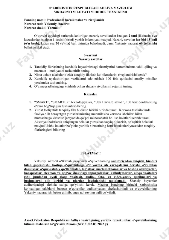 t nazariy savollar 1. ma ‘lumki, guruh va jamoaning umumiy jihatlari mavjudligi tufayli ularni bir xil tushuncha sifatida qo ‘llanilib kelingan. zamonaviy tadqiqotlar natijasida esa guruh ishi va jamoa ishining farqlanib turuvchi jihatlari ham aniqlandi. guruh ishining jamoa ishi bilan o ‘xshash va farqli jihatlarini tahlil qiling. 2. jamoada ishlash zaruriyati qachon paydo bo ‘lishi va uni qanday aniqlash mumkin ekanini mulohaza qiling. 3. samarali jamoani tuzishda qanday omillar yordam berishi mumkinligini tahlil qiling va fikringizni amaliy misollar yordamida asoslang. 4. jamoa bo ‘lib ishlashda guruhlarga bo ‘linib ishlash prinsplaria qanday qaraysiz? kazuslar 1. oldingizga qo‘ygan eng asosiy maqsad va unga erishish yo‘lida amalga oshirilishi zarur bo‘lgan kichik maqsadlaringizni bayon qiling. 2. sizga yoqmaydigan, siz o‘xshashni istamaydigan tanishlaringiz ro‘yxatini tuzing (bunday tanishlaringiz bo‘lmasa, badiiy asar yoki kinofilmlar qahramonlarini tanlashingiz mumkin). ularning tashqi va ichki imijini tahlil qiling. ularning siz ega bo ‘lishni istamaydigan shaxsiy xislatlari, xulq-atvoridagi qusurlarni yozib chiqing. endi …