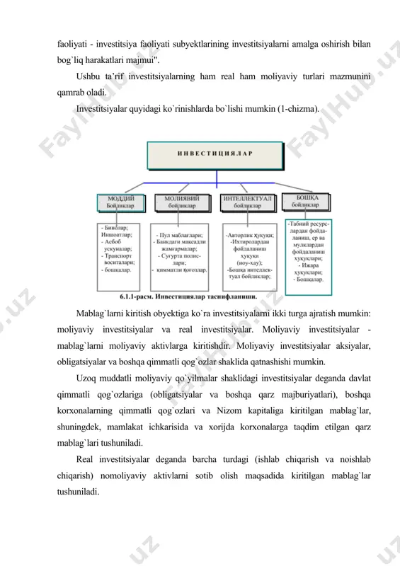 ha turdagi (ishlab chiqarish va noishlab chiqarish) nomoliyaviy aktivlarni sotib olish maqsadida kiritilgan mablag`lar tushuniladi. investitsiyalarning real va moliyaviy turlarga ajratilishi ularni tasniflashtirishdagi asosiy belgilardan hisoblanadi. investitsiyalash jarayoniga ishtirok etish xarakteriga ko`ra investitsiyalar bevosita va bilvosita investitsiyalarga bo`linadi. bevosita investitsiyalarda investor investitsiyalash obyektini tanlash va mablag`lar kiritishga bevosita ishtirok etadi. bevosita investitsiyalarni odatda investitsiya obyekti to`g`risida aniq ma’lumotga ega, investitsiyalash mexanizmi bilan yaqindan tanish, shuningdek bu sohada katta tajribaga ega bo`lgan maxsus tayyorgarlikka ega investorlar amalga oshiradilar. bilvosita investitsiyalar investitsion yoki boshqa moliyaviy voitachilar orqali amalga oshiriladi. investitsiyalash muddatiga ko`ra investitsiyalar qisqa muddatli va uzoq muddatli investitsiyalarga bo`linadi. qisqa muddatli investitsiyalar bir yildan ortiq bo`lmagan muddatga kapital kiritishdir. masalan, qisqa muddatli depozit qo`yilmalari, qisqa muddatli jamg`arma sertifikatlarini sotib olish va h.k. uzoq muddatli investitsiyalar ishlab chiqarish uchun mo`ljallanmagan uzoq muddatli foydalanish ko`zda tutilgan aktivlarni barpo etish, ularni kengaytirish va sotib olishga sarflangan kapital mablag`lardir. mulk shakliga ko`ra investitsiyalar quyidagi turlarga …