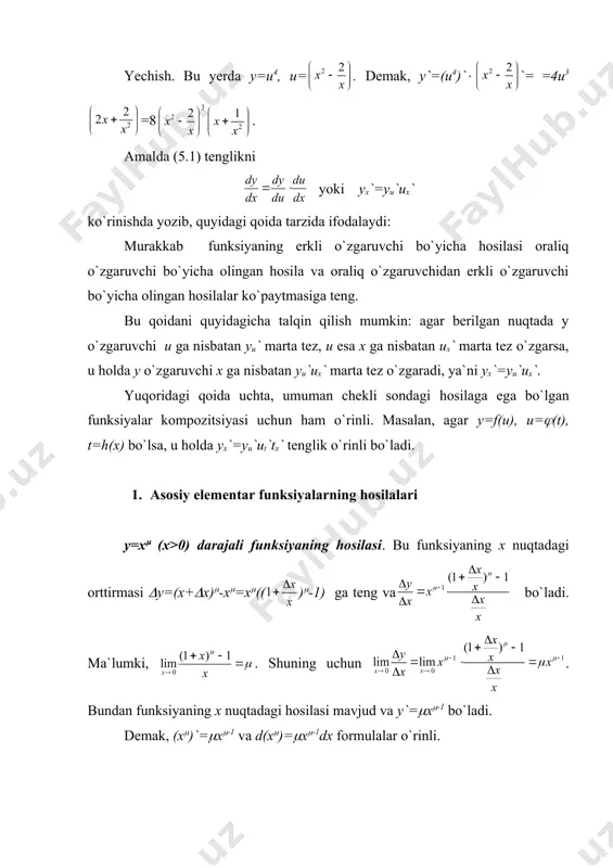 b funksiyaning hosilasini hisoblash va differensiali formulalarini foydalangan holda, (u(x))( ko`rinishdagi murakkab funksiya uchun quyidagi formulalarni yozish mumkin: ((u(x))()`=((u(x))(-1(u`(x), d((u(x))()= ((u(x))(-1(u`(x)dx. masalan y=(x2+1)3 funksiyaning hosilasini topish talab qilinsin. bu misolda u(x)=(x2+1), (=3. demak, yuqoridagi formulaga ko`ra y`=3(x2+1)2(((x2+1)`=3((x2+1)2(2x=6x(x2+1)2 bo`ladi. ko`rsatkichli funksiyaning hosilasi. y=ax (a>0, a(1) ko`rsatkichli funksiya uchun (y=ax+(x -ax=ax(a(x-1) va . ma`lumki, . shuning uchun = =axlna mavjud. demak (ax)`=axlna va d(ax)`=axlnadx, xususan, (ex)`=ex va d(ex)`=exdx formulalar o`rinli ekan. ko`rinib turibdiki, y=ex funksiya ajoyib xossaga ega: uning hosilasi o`ziga teng ekan. misol. y=ex funksiya grafigi oy o`qini qanday burchak ostida kesib o`tadi? yechish. funksiya grafigi oy o`qini (0;1) nuqtada kesib o`tadi. funksiya grafigiga shu nuqtasida o`tkazilgan urinmaning burchak koeffitsientini topamiz: y`=ex va y`(0)=e0=1, bundan esa urinmaning ox o`qi bilan kattaligi (/4 ga teng bo`lgan burchak tashkil qilishi kelib chiqadi. u holda urinma oy o`qi bilan ham kattaligi (/4 ga teng bo`lgan burchak tashkil qiladi. 1-rasmda y=ex funksiya grafigi berilgan, bunda …