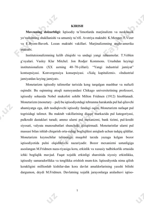 uzaga kelgan bozor iqtisodiyotida pulni olqishlovchi nazariyadir. bozor mexanizmi ustunligiga asoslangan m.fridmen naza-riyasiga kora, erkinlik va xususiy tadbirkorlik ortasida ichki bogliqlik mavjud. faqat xojalik erkinligi sharoitida siyosiy erkinlikka, iqtisodiy samaradorlikka va tenglikka erishish mum-kin. iqtisodiyotda nima qilish kerakligini millionlab kishilar-dan kora davlat amaldorlarining yaxshi bilishi dargumon, deydi m.fridmen. davlatning xojalik jarayonlarga aralashuvi iqtiso-diyotning ozini-ozi tartiblash tizimini buzishga olib keladi. shuning uchun davlat pul va ishlab chiqarish barqarorligini taminlagan holda, pul muomalasini nazorat qilish bilan cheklanmogi lozim. mustaqil taraqqiyot yo`liga o`tgan o`zbekistonlik olimlar oldida, ko`pgina fanlar kabi, iqtisodiyot fani borasida ham katta ishlarni amalga oshirish vazifasi turibdi. iqtisodiyot insoniyat tarixi kabi qadimiydir. iqtisodiyotga oid fikr, g`oya, qarash, nazariya va ta'limotlar ham ko`p ming yillik tarixga ega. lekin ularning asosiy qismi yozuv paydo bo`lganidan so`ng, yozma manbalardan bizgacha yetib kelgan. bu manbalar, ulardagi g`oyalar avvalo insoniyatning muqaddas mulkidir, uni topish, o`rganish va kelajak uchun saqlash savobli bo`lsa, ulardagi nodir fikrlarni hayotga tatbiq …