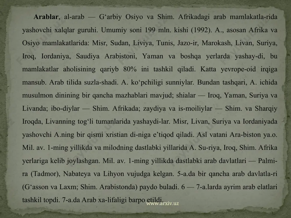 ‘ona vodiysi shim.-sharqiy qismida yashaydi. 2 guruhga bulinadi: shayboniy va sanoniy. o‘rta osiyo arablari o‘zlarining qad. madani-yatlari, urf-odatlarining ayrim belgi-larini saqlab qolganlar. arab tili ik-kinchi til sifatida ayrim qishloqlarda hozirgacha qo‘llanib kelinadi. bularning shevalarida yerlik xalqlar tilining ta’-590siri juda kuchli.o‘rta osiyo arablari xo‘jaligida chor-vachilik muhim o‘rin tutadi. suvli yer-larda yashaydigan a. dehqonchilik qiladi. o‘zbekistonda a. nomi bilan bog‘liq ko‘plab joy nomlari mavjud.ad.: belyayev ye. a., arabi, islam i arabskiy xalifat v rannee sredneveko-ve, 2-ye izd., 1966; narodi sredney azii i kazaxstana, ch. 2, m., 1963; volin s. a., k istorii sredneaziatskix arabov, v sb.: trudi ivan, v. 36, m.-l., 1941. www.arxiv.uz www.arxiv.uz www.arxiv.uz www.arxiv.uz janubi-g’arbiy osiyoda joylashgan ulkan arabiston yarim oroli qadimdan arab qabilalarining maskani bo’lib kelgan. bu yarim orolning maydoni shu qadar kattaki, evropaning tahminan to’rtdan bir qismiga to’g’ri keladi. arabistonning asosiy hududi – quruq cho’llar, suvsiz sahrolar va chala sahrolar quruq issiq, yomg’ir esa kamdan-kam yog’adi. arab erining …